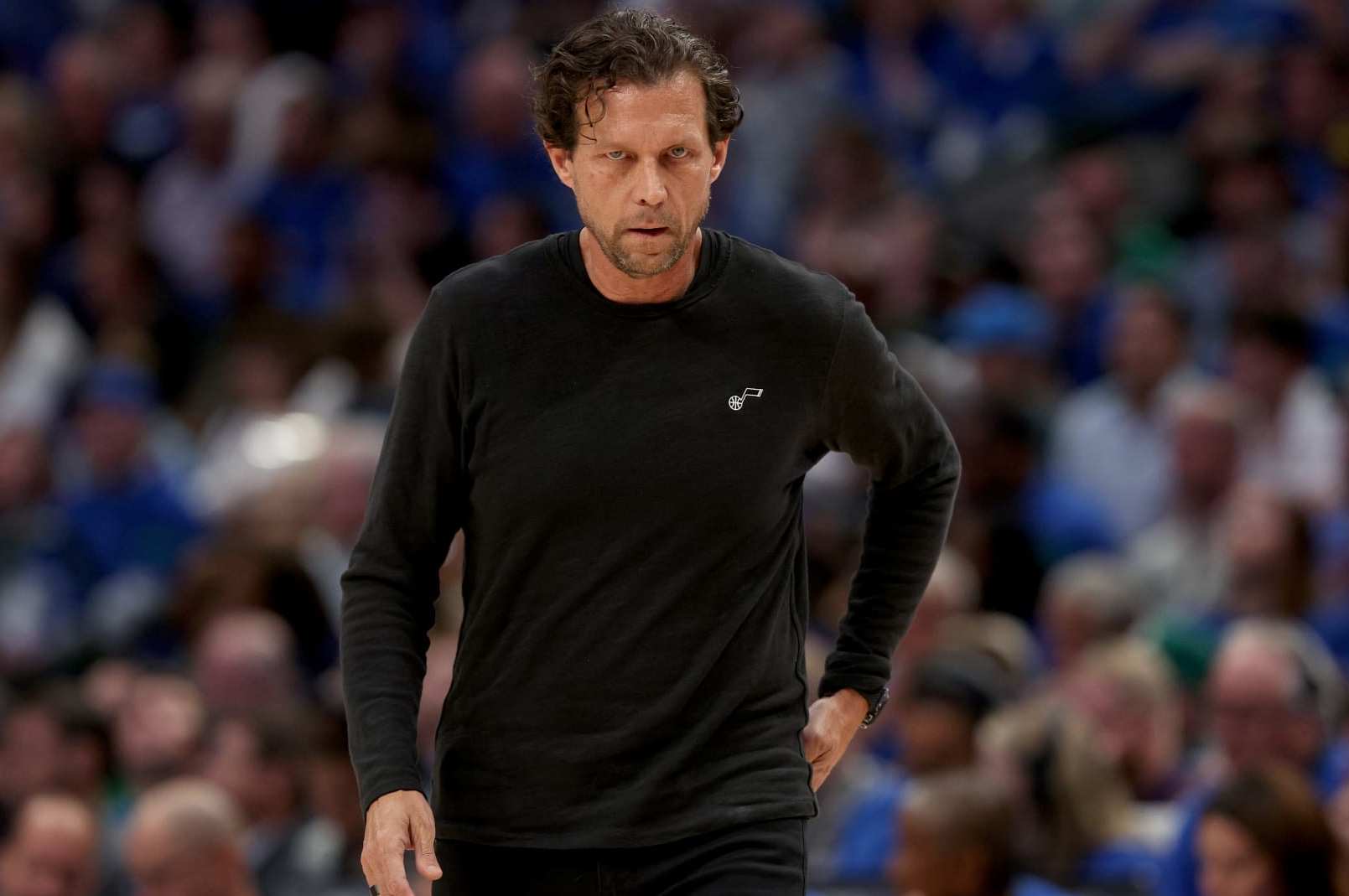DALLAS, TEXAS - APRIL 16: Head coach Quin Snyder reacts as the Utah Jazz take on the Dallas Mavericks in the second quarter of Game One of the Western Conference First Round NBA Playoffs at American Airlines Center on April 16, 2022 in Dallas, Texas. NOTE TO USER: User expressly acknowledges and agrees that, by downloading and or using this photograph, User is consenting to the terms and conditions of the Getty Images License Agreement. (Photo by Tom Pennington/Getty Images) DALLAS, TEXAS - APRIL 16: Head coach Quin Snyder reacts as the Utah Jazz take on the Dallas Mavericks in the second quarter of Game One of the Western Conference First Round NBA Playoffs at American Airlines Center on April 16, 2022 in Dallas, Texas. NOTE TO USER: User expressly acknowledges and agrees that, by downloading and or using this photograph, User is consenting to the terms and conditions of the Getty Images License Agreement. (Photo by Tom Pennington/Getty Images)
