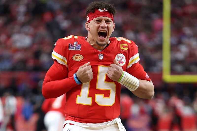 LAS VEGAS, NEVADA - FEBRUARY 11: Patrick Mahomes #15 of the Kansas City Chiefs reacts prior to Super Bowl LVIII against the San Francisco 49ers at Allegiant Stadium on February 11, 2024 in Las Vegas, Nevada. (Photo by Jamie Squire/Getty Images)