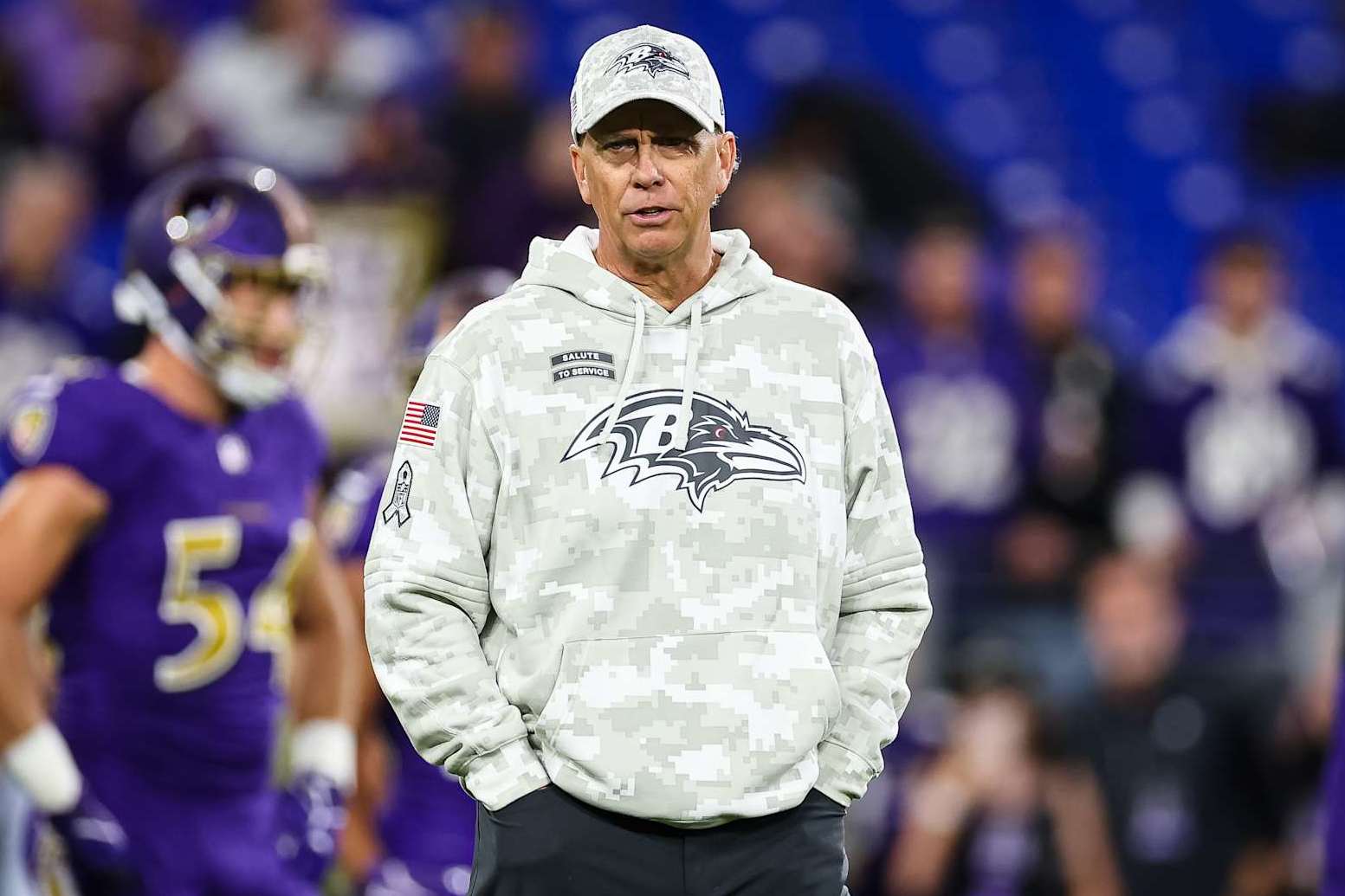 BALTIMORE, MD - NOVEMBER 07: Offensive coordinator Todd Monken of the Baltimore Raves looks on before the game against the Cincinnati Bengals at M&T Bank Stadium on November 7, 2024 in Baltimore, Maryland. (Photo by Scott Taetsch/Getty Images)