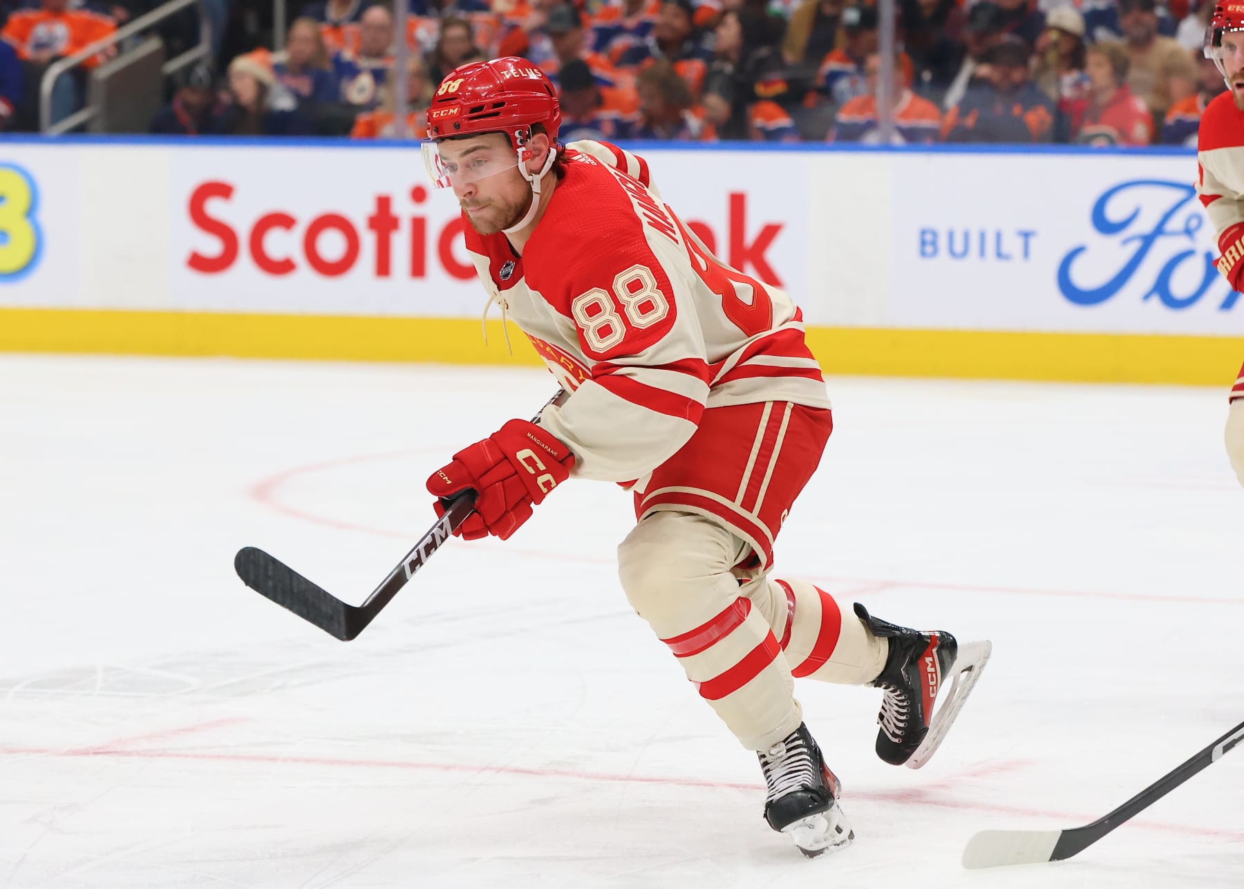 EDMONTON, CANADA - FEBRUARY 24: Andrew Mangiapane #88 of the Calgary Flames pursues the play in the second period against the Edmonton OilersM on FEBRUARY 24, 2024 at Rogers Place in Edmonton, Alberta, Canada. (Photo by Lawrence Scott/Getty Images)