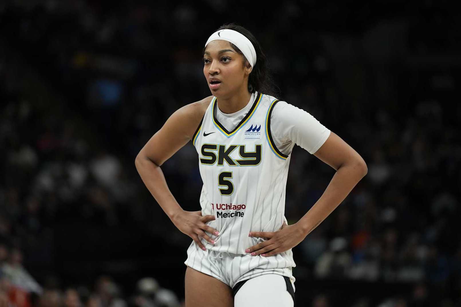 MINNEAPOLIS, MN - SEPTEMBER 1: Angel Reese #5 of the Chicago Sky looks on during the game against the Minnesota Lynx on September 1, 2024 at Target Center in Minneapolis, Minnesota. NOTE TO USER: User expressly acknowledges and agrees that, by downloading and or using this Photograph, user is consenting to the terms and conditions of the Getty Images License Agreement. Mandatory Copyright Notice: Copyright 2024 NBAE (Photo by Jordan Johnson/NBAE via Getty Images)