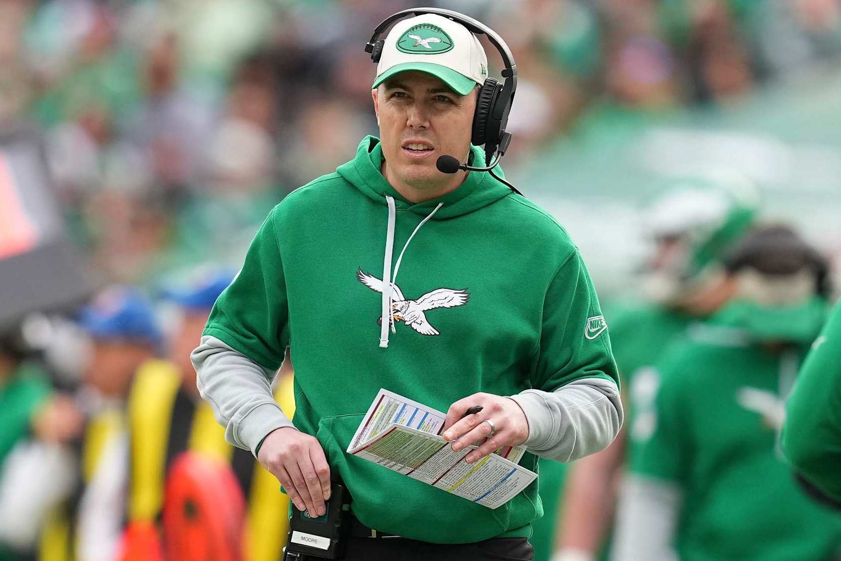 PHILADELPHIA, PENNSYLVANIA - DECEMBER 29: Offensive coordinator Kellen Moore of the Philadelphia Eagles looks on against the Dallas Cowboys at Lincoln Financial Field on December 29, 2024 in Philadelphia, Pennsylvania. (Photo by Mitchell Leff/Getty Images)