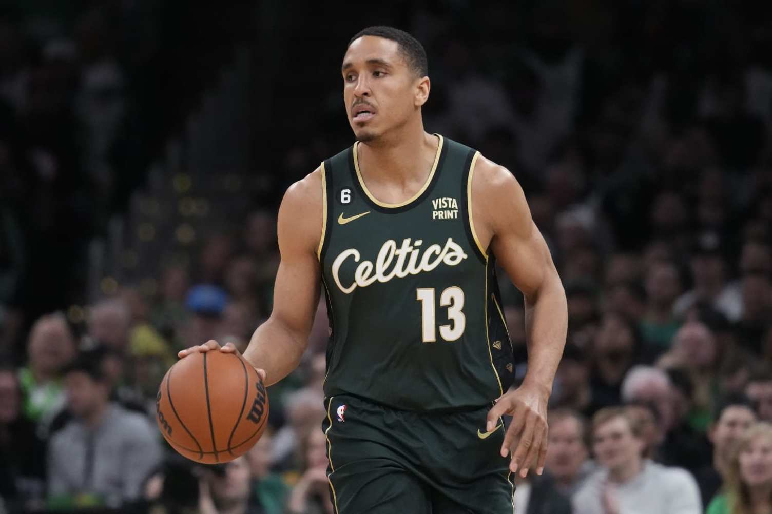 Boston Celtics guard Malcolm Brogdon (13) during Game 5 in the first round of the NBA basketball playoffs, Tuesday, April 25, 2023, in Boston. (AP Photo/Charles Krupa) Boston Celtics guard Malcolm Brogdon (13) during Game 5 in the first round of the NBA basketball playoffs, Tuesday, April 25, 2023, in Boston. (AP Photo/Charles Krupa)