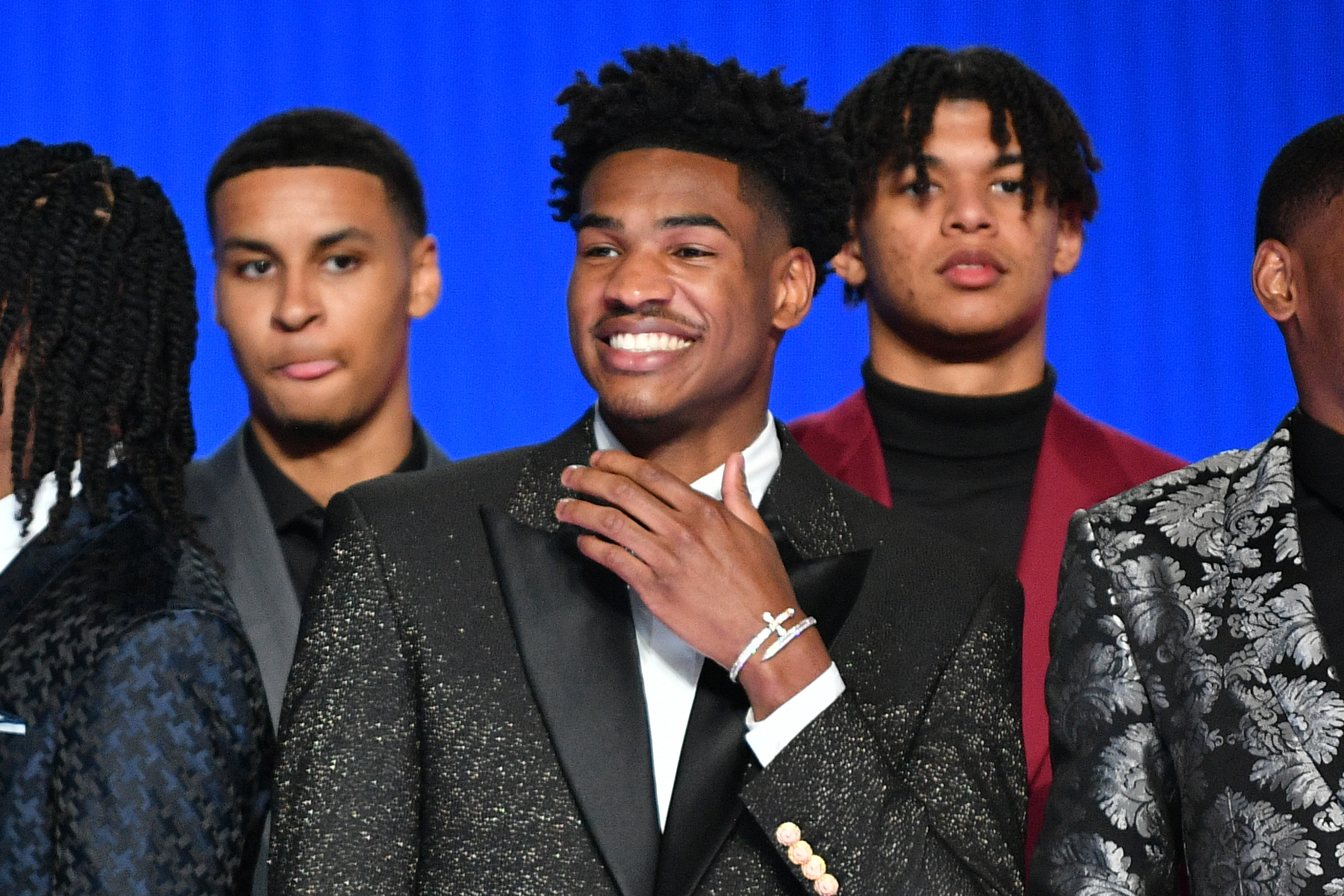 BROOKLYN, NY - JUNE 23: NBA Draft Prospect, Ochai Agbaji smiles during the 2022 NBA Draft on June 23, 2022 at Barclays Center in Brooklyn, New York. NOTE TO USER: User expressly acknowledges and agrees that, by downloading and or using this photograph, User is consenting to the terms and conditions of the Getty Images License Agreement. Mandatory Copyright Notice: Copyright 2022 NBAE (Photo by Catalina Fragoso/NBAE via Getty Images) BROOKLYN, NY - JUNE 23: NBA Draft Prospect, Ochai Agbaji smiles during the 2022 NBA Draft on June 23, 2022 at Barclays Center in Brooklyn, New York. NOTE TO USER: User expressly acknowledges and agrees that, by downloading and or using this photograph, User is consenting to the terms and conditions of the Getty Images License Agreement. Mandatory Copyright Notice: Copyright 2022 NBAE (Photo by Catalina Fragoso/NBAE via Getty Images)
