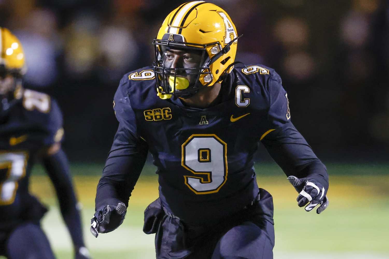 Appalachian State linebacker Nick Hampton during an NCAA football game against Georgia State on Wednesday, Oct. 19, 2022, in Boone, N.C. (AP Photo/Nell Redmond)
