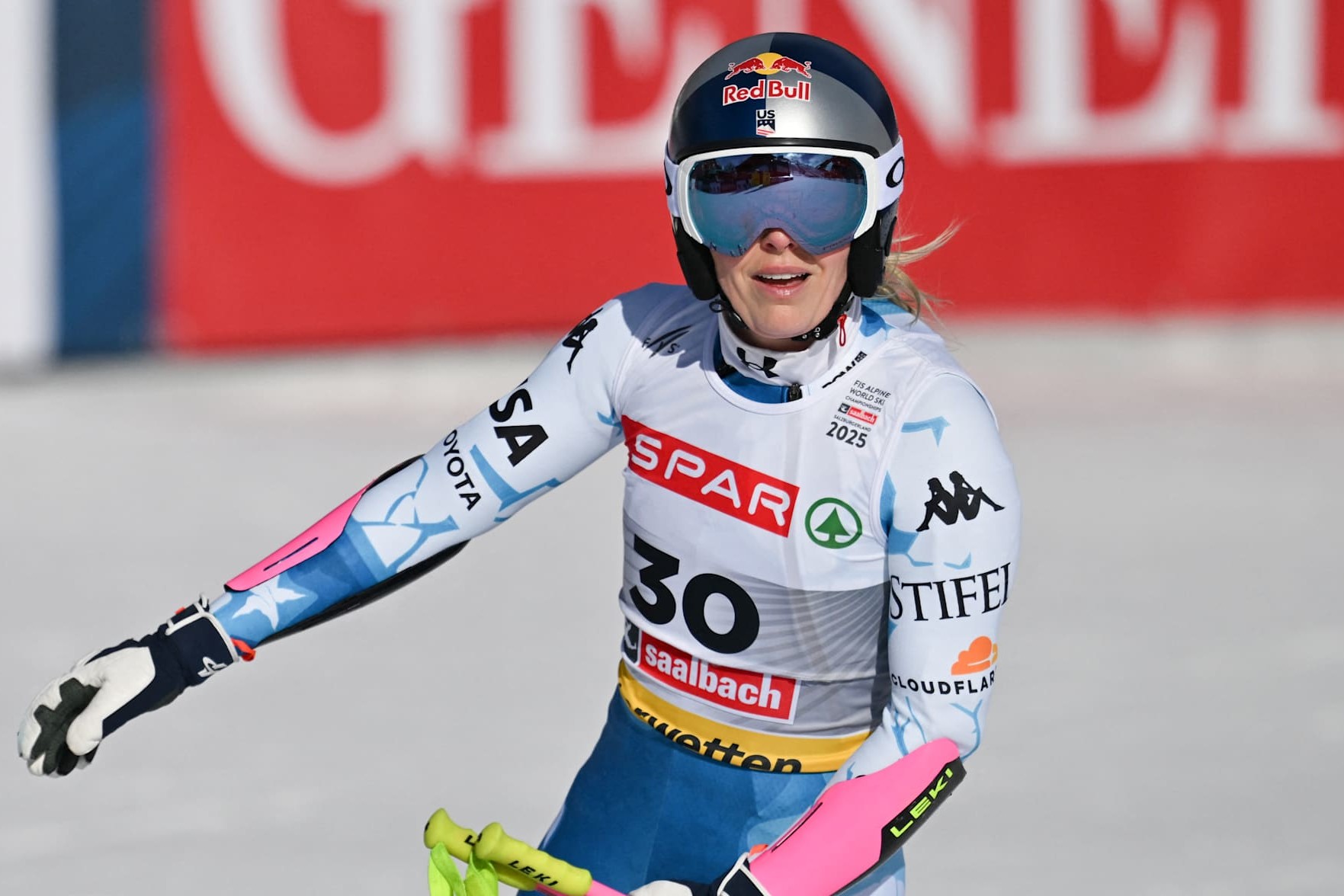 US's Lindsey Vonn reacts after her run during the Women's Super-G event of the Saalbach 2025 FIS Alpine World Ski Championships in Hinterglemm on February 6, 2025. (Photo by KERSTIN JOENSSON / AFP) (Photo by KERSTIN JOENSSON/AFP via Getty Images)          