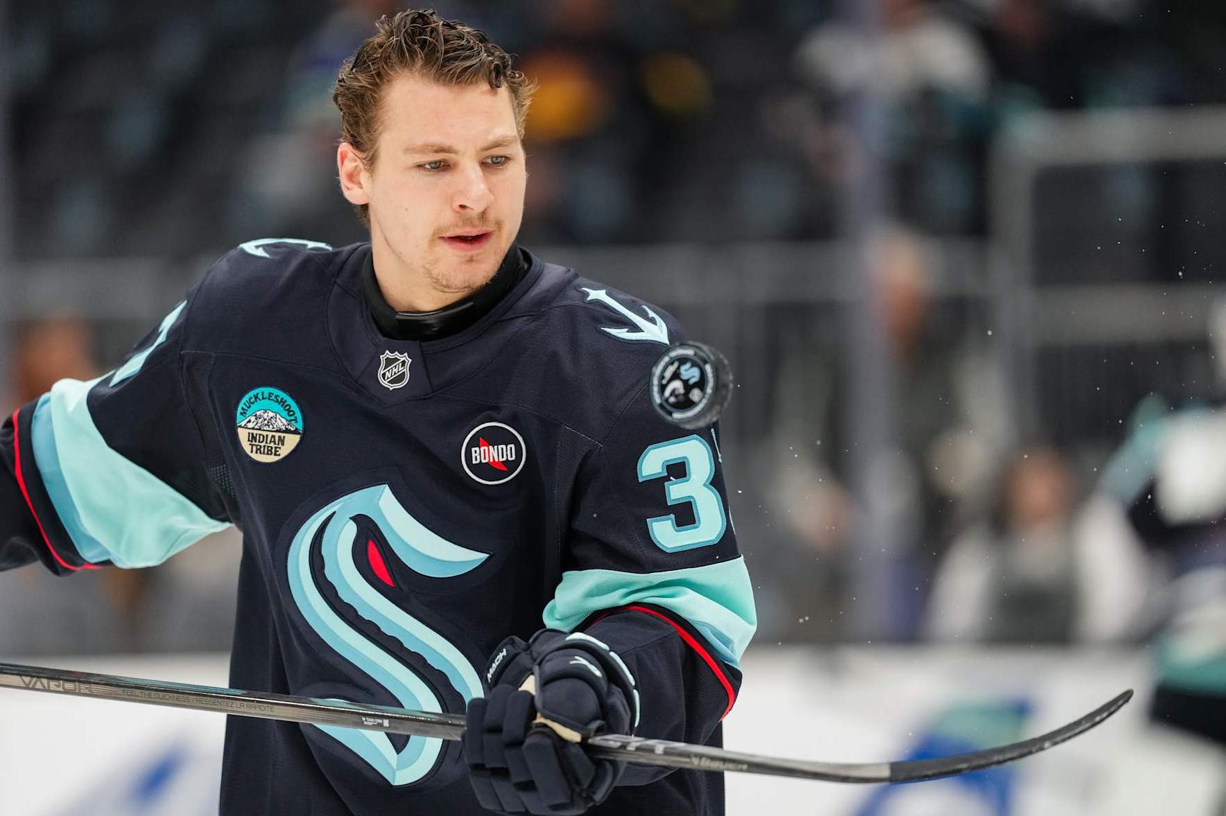 SEATTLE, WASHINGTON - JANUARY 02: Yanni Gourde #37 of the Seattle Kraken warms up ahead of a game against the Vancouver Canucks at Climate Pledge Arena on January 02, 2025 in Seattle, Washington. (Photo by Christopher Mast/NHLI via Getty Images)