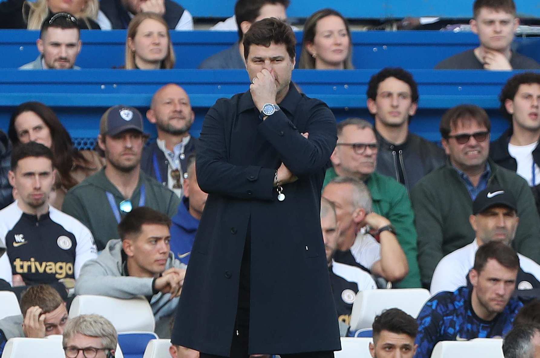 LONDON, ENGLAND - MARCH 30: Mauricio Pochettino Manager of Chelsea looks disappointed and dejected during the Premier League match between Chelsea FC and Burnley FC at Stamford Bridge on March 30, 2024 in London, England.(Photo by Crystal Pix/MB Media/Getty Images)
