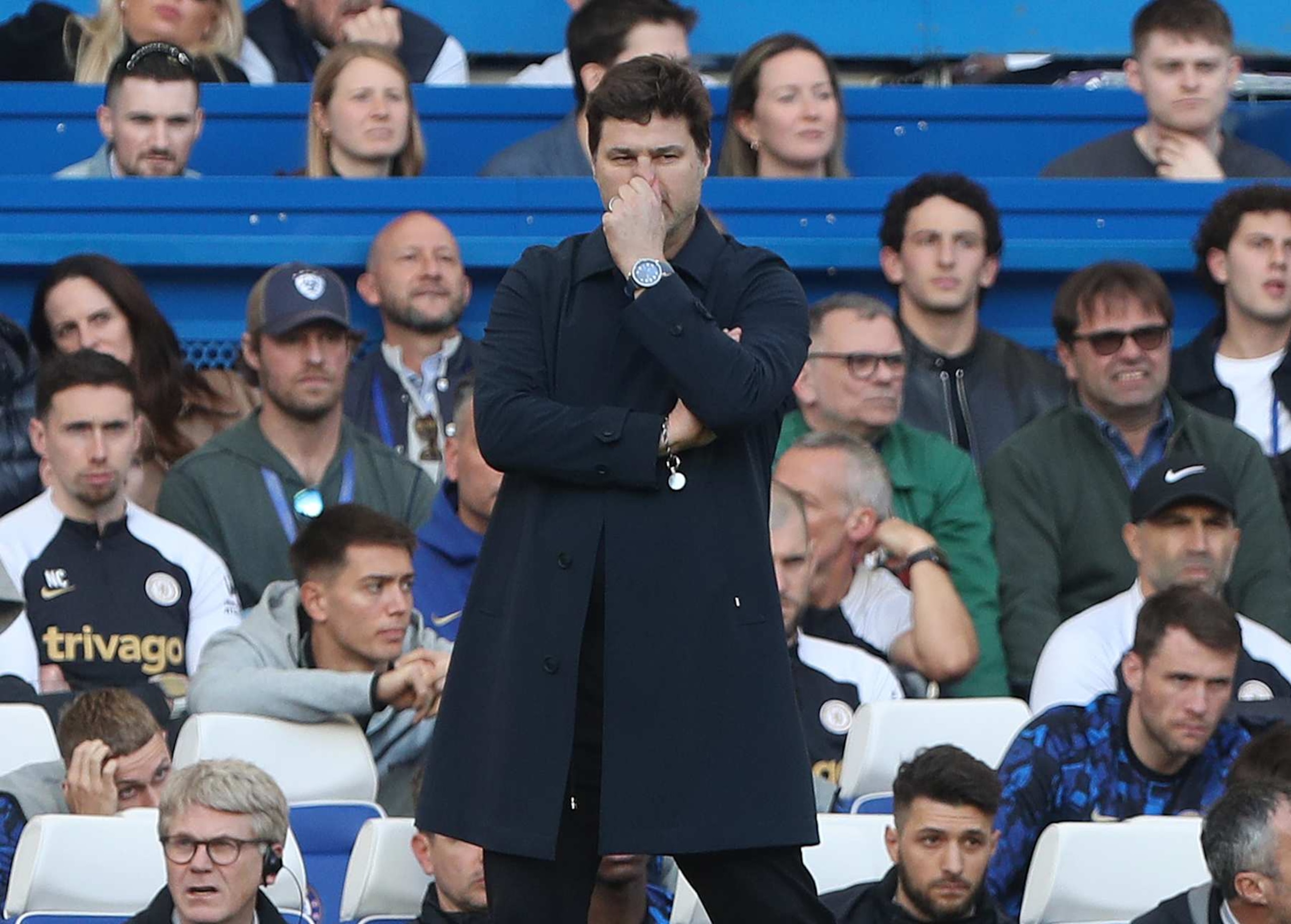 LONDON, ENGLAND - MARCH 30: Mauricio Pochettino Manager of Chelsea looks disappointed and dejected during the Premier League match between Chelsea FC and Burnley FC at Stamford Bridge on March 30, 2024 in London, England.(Photo by Crystal Pix/MB Media/Getty Images)