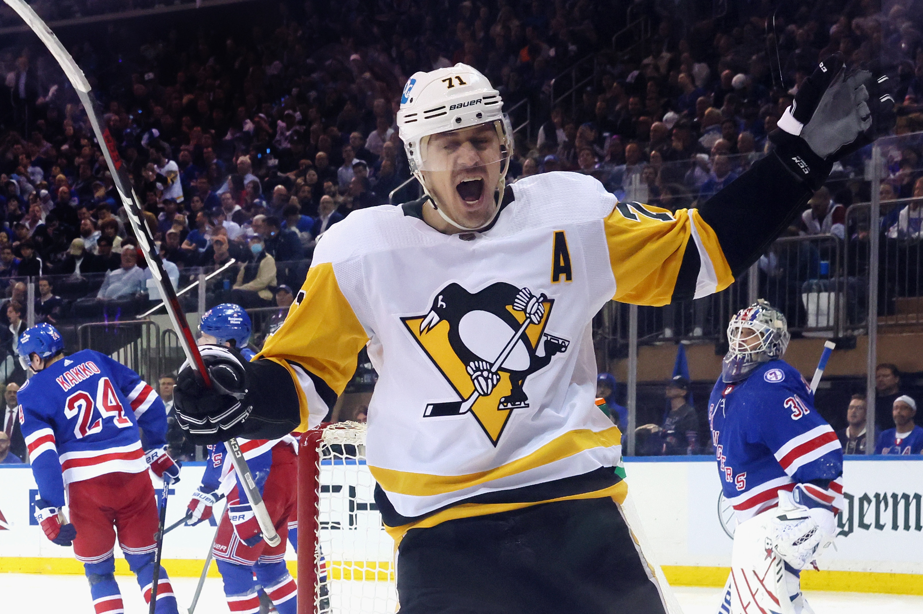 NEW YORK, NEW YORK - MAY 11: Evgeni Malkin #71 of the Pittsburgh Penguins skates against the New York Rangers in Game Five of the First Round of the 2022 Stanley Cup Playoffs at Madison Square Garden on May 11, 2022 in New York City. (Photo by Bruce Bennett/Getty Images)
