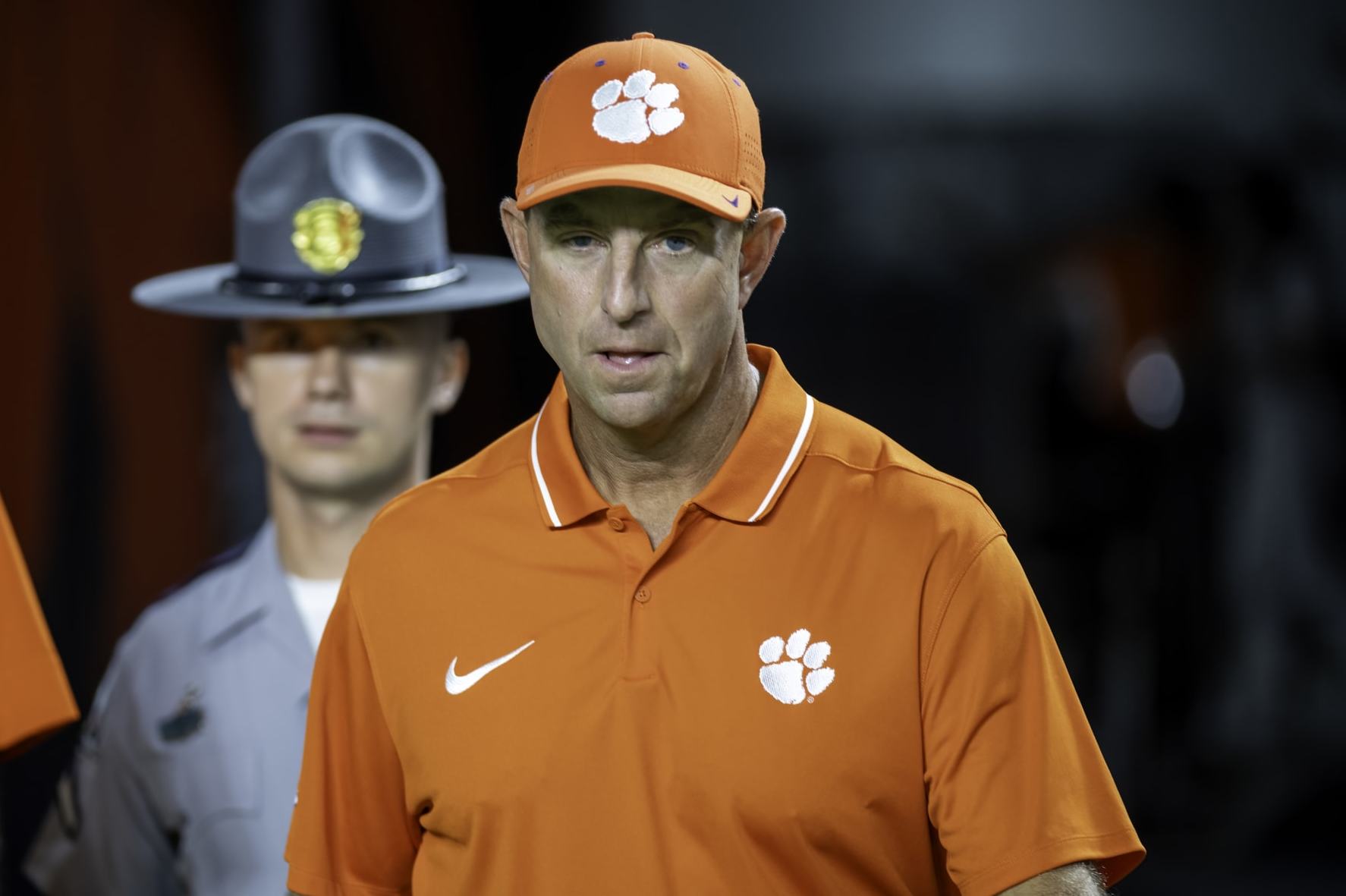 MIAMI GARDENS, FL - OCTOBER 21: Clemson head coach Dabo Swinney walks onto the field before the college football game between the Clemson Tigers and the University of Miami Hurricanes on October 21, 2023 at the Hard Rock Stadium in Miami Gardens, FL. (Photo by Doug Murray/Icon Sportswire via Getty Images)