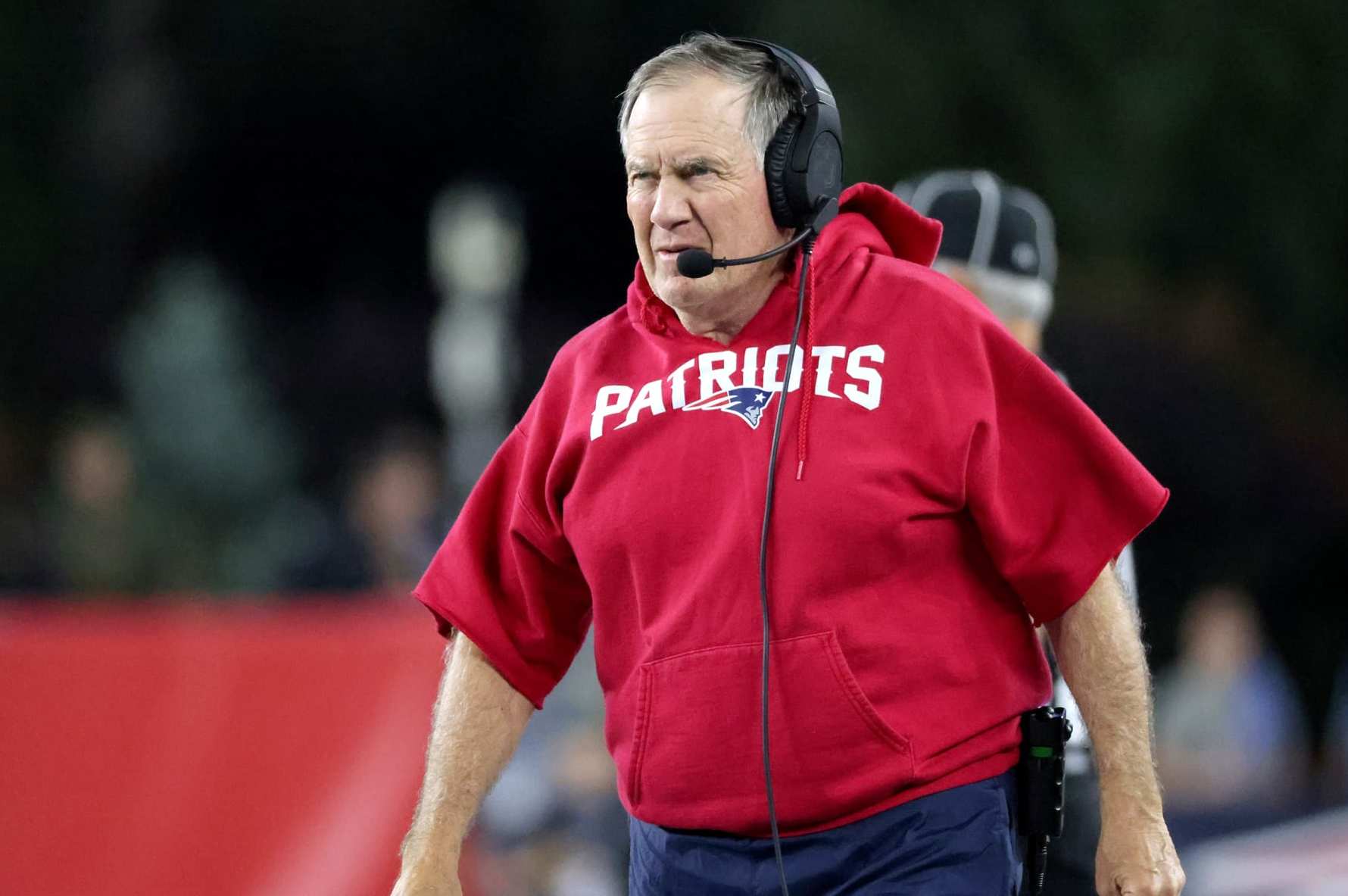 Foxborough, MA - September 17: New England Patriots head coach Bill Belichick walks the sidelines in the first half. The Patriots lost to the Miami Dolphins, 24-17. (Photo by Matthew J. Lee/The Boston Globe via Getty Images)