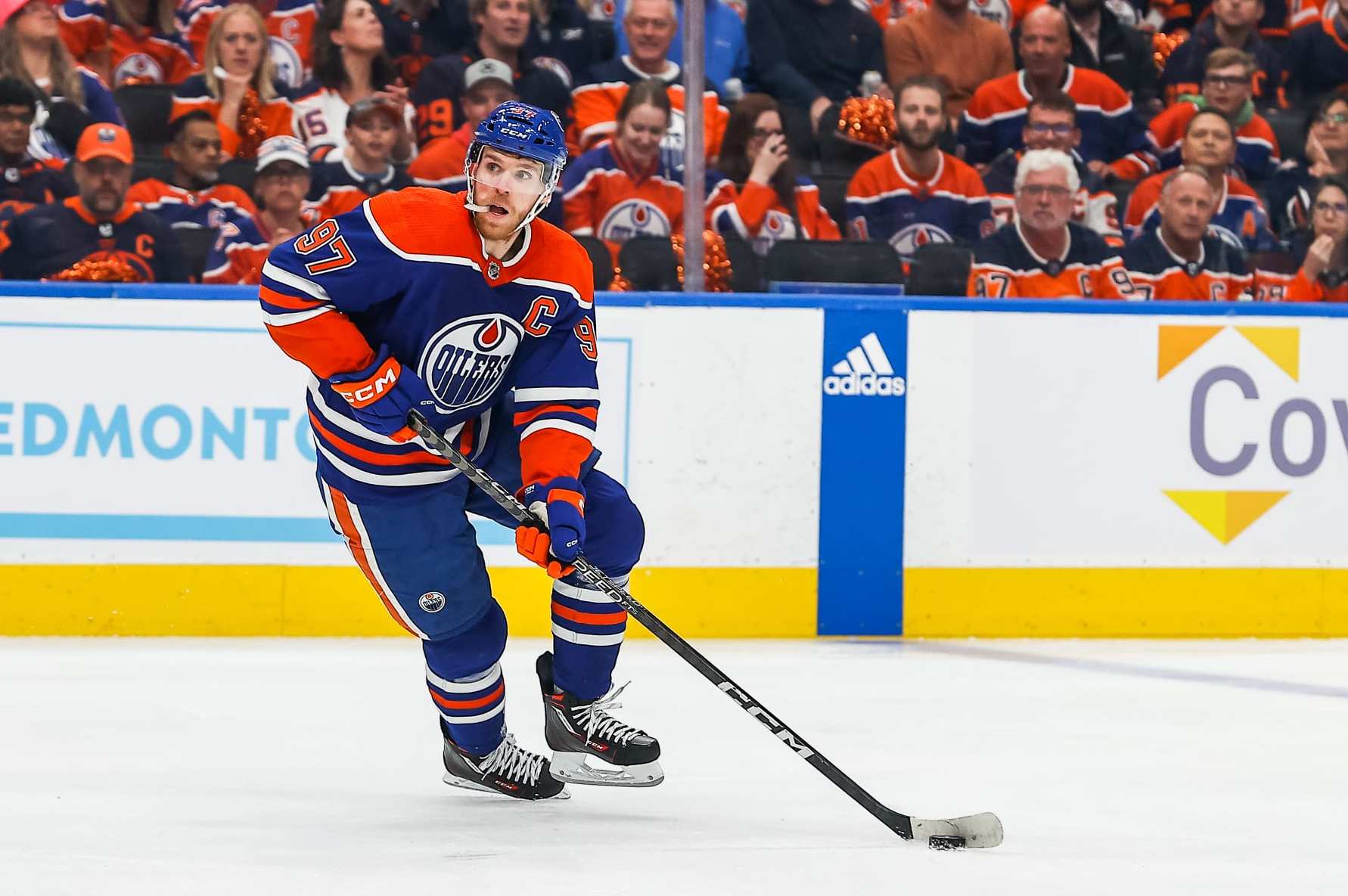 EDMONTON, AB - MAY 08: Edmonton Oilers Center Connor McDavid (97) in action in the first period of game three in the Western Conference Second Round of the Edmonton Oilers versus the Las Vegas Golden Knights on May 08, 2023 at Rogers Place in Edmonton, AB. (Photo by Curtis Comeau/Icon Sportswire via Getty Images)
