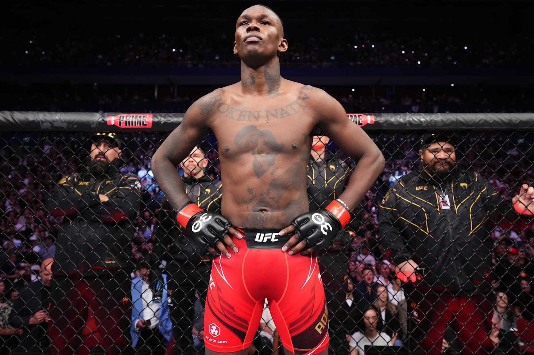 SYDNEY, AUSTRALIA - SEPTEMBER 10: Israel Adesanya of Nigeria prepares to face Sean Strickland in the UFC middleweight championship fight during the UFC 293 event at Qudos Bank Arena on September 10, 2023 in Sydney, Australia. (Photo by Chris Unger/Zuffa LLC via Getty Images)