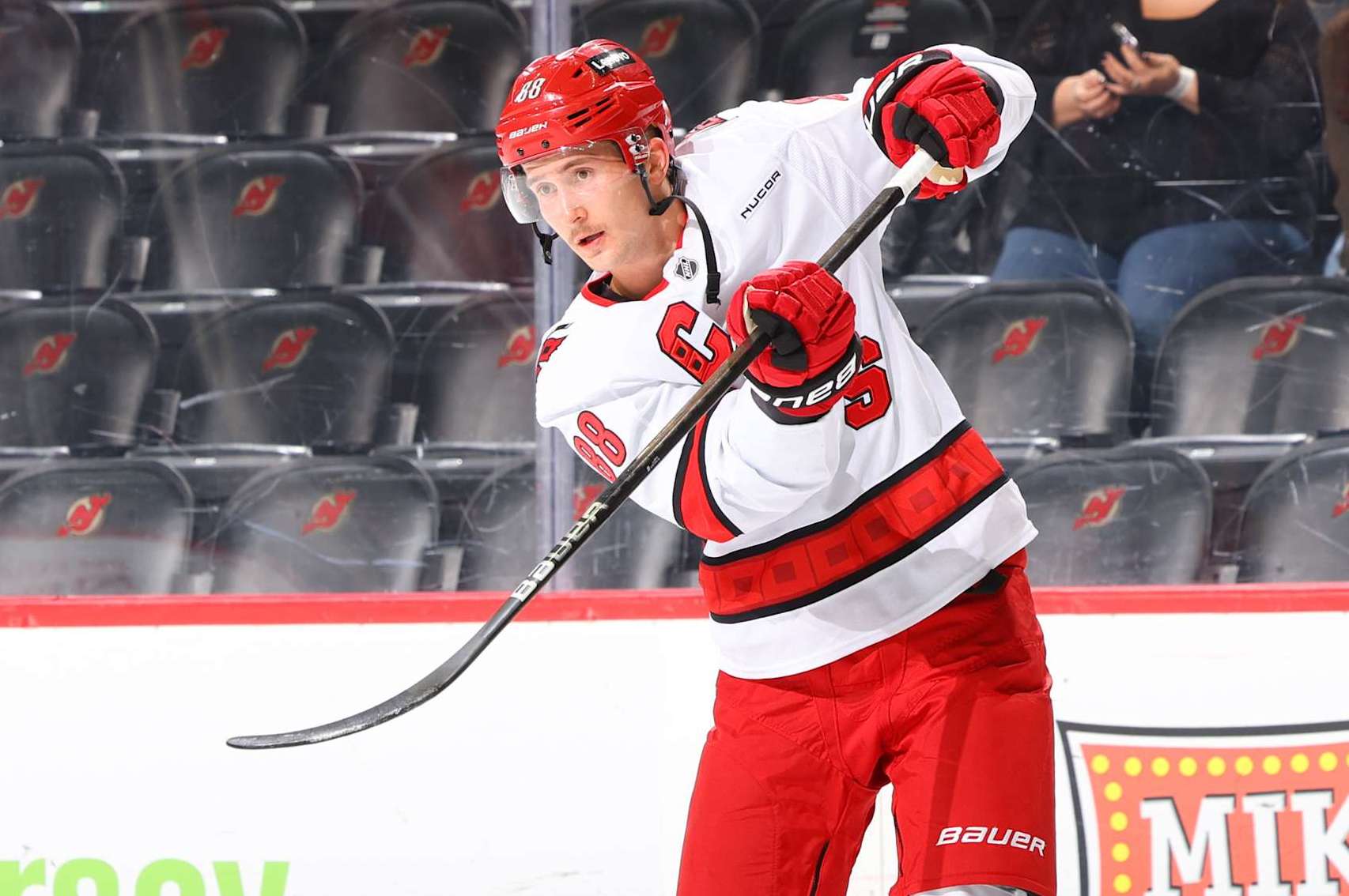 NEWARK, NJ - NOVEMBER 21: Martin Necas #88 of the Carolina Hurricanes warms up prior to the game against the New Jersey Devils at the Prudential Center on November 21, 2024 in Newark, New Jersey. (Photo by Rich Graessle/NHLI via Getty Images)