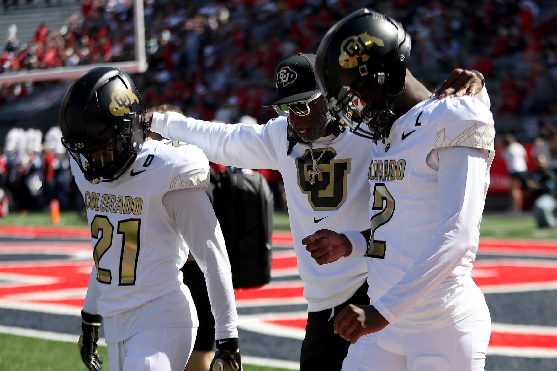 TUCSON, AZ - OCTOBER 19: Colorado Buffaloes head coach Deion Sanders, quarterback Shedeur Sanders #2  and safety Shilo Sanders #21 prior to a football game between the University of Colorado Buffaloes and the University of Arizona Wildcats.  October 19, 2024 at Arizona Stadium in Tucson, AZ. (Photo by Christopher Hook/Icon Sportswire via Getty Images)
