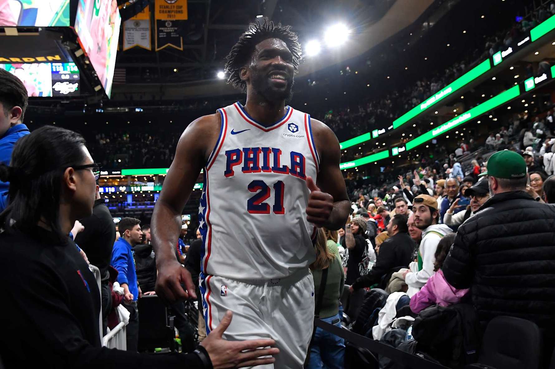 BOSTON, MA - DECEMBER 25: Joel Embiid #21 of the Philadelphia 76ers smiles after the game against the Boston Celtics on December 25, 2024 at the TD Garden in Boston, Massachusetts. NOTE TO USER: User expressly acknowledges and agrees that, by downloading and or using this photograph, User is consenting to the terms and conditions of the Getty Images License Agreement. Mandatory Copyright Notice: Copyright 2024 NBAE(Photo by Brian Babineau/NBAE via Getty Images)