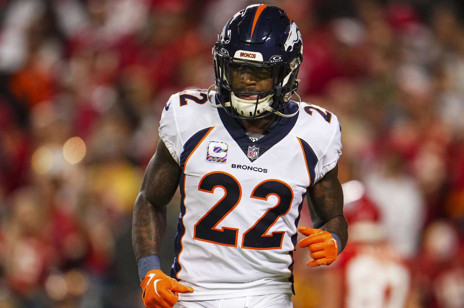 KANSAS CITY, MO - OCTOBER 12: Kareem Jackson #22 of the Denver Broncos runs across the field during an NFL football game against the Kansas City Chiefs at GEHA Field at Arrowhead Stadium on October 12, 2023 in Kansas City, Missouri. (Photo by Cooper Neill/Getty Images)