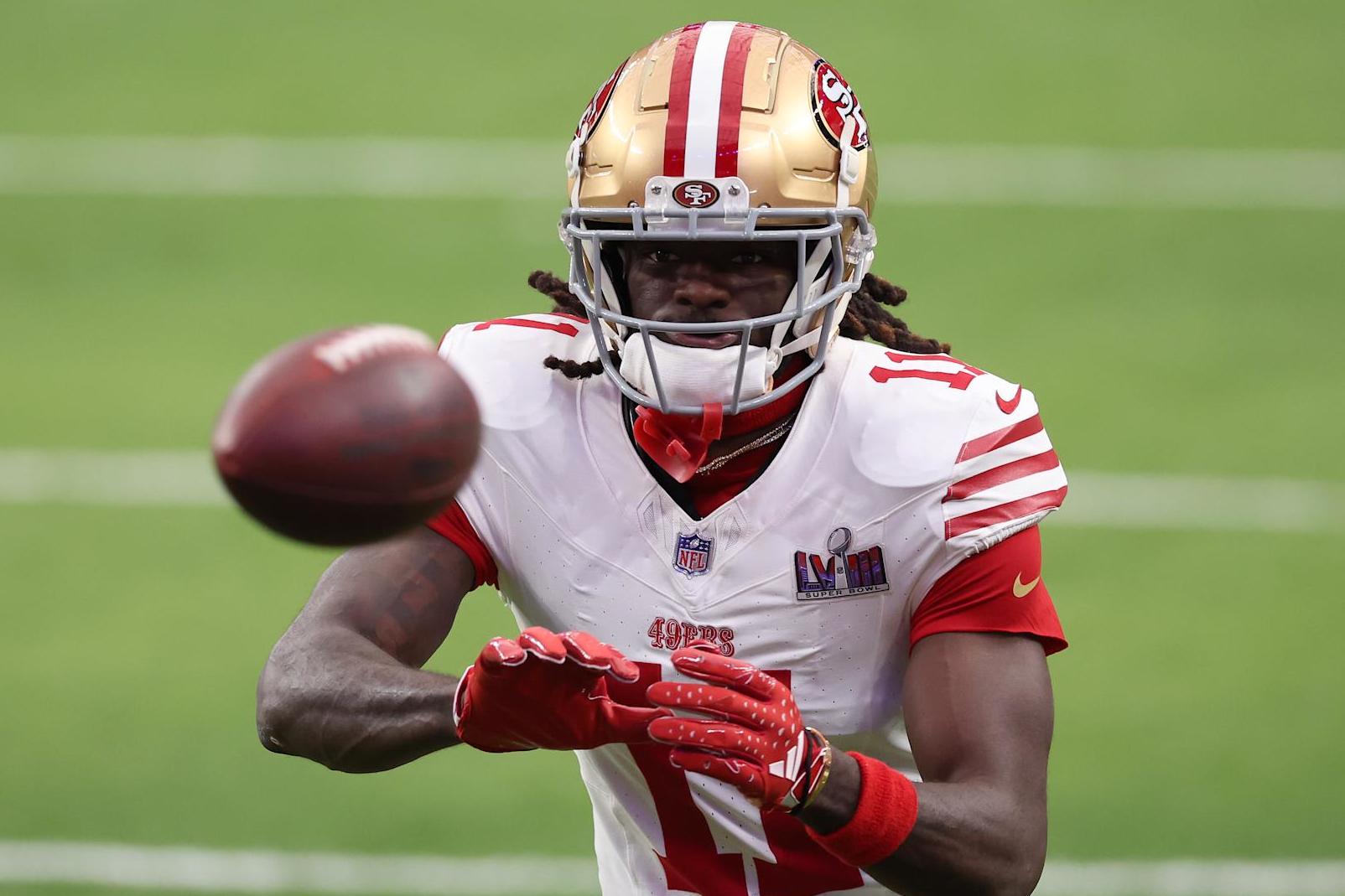 LAS VEGAS, NEVADA - FEBRUARY 11: Brandon Aiyuk #11 of the San Francisco 49ers warms up prior to Super Bowl LVIII against the Kansas City Chiefs at Allegiant Stadium on February 11, 2024 in Las Vegas, Nevada. (Photo by Steph Chambers/Getty Images)