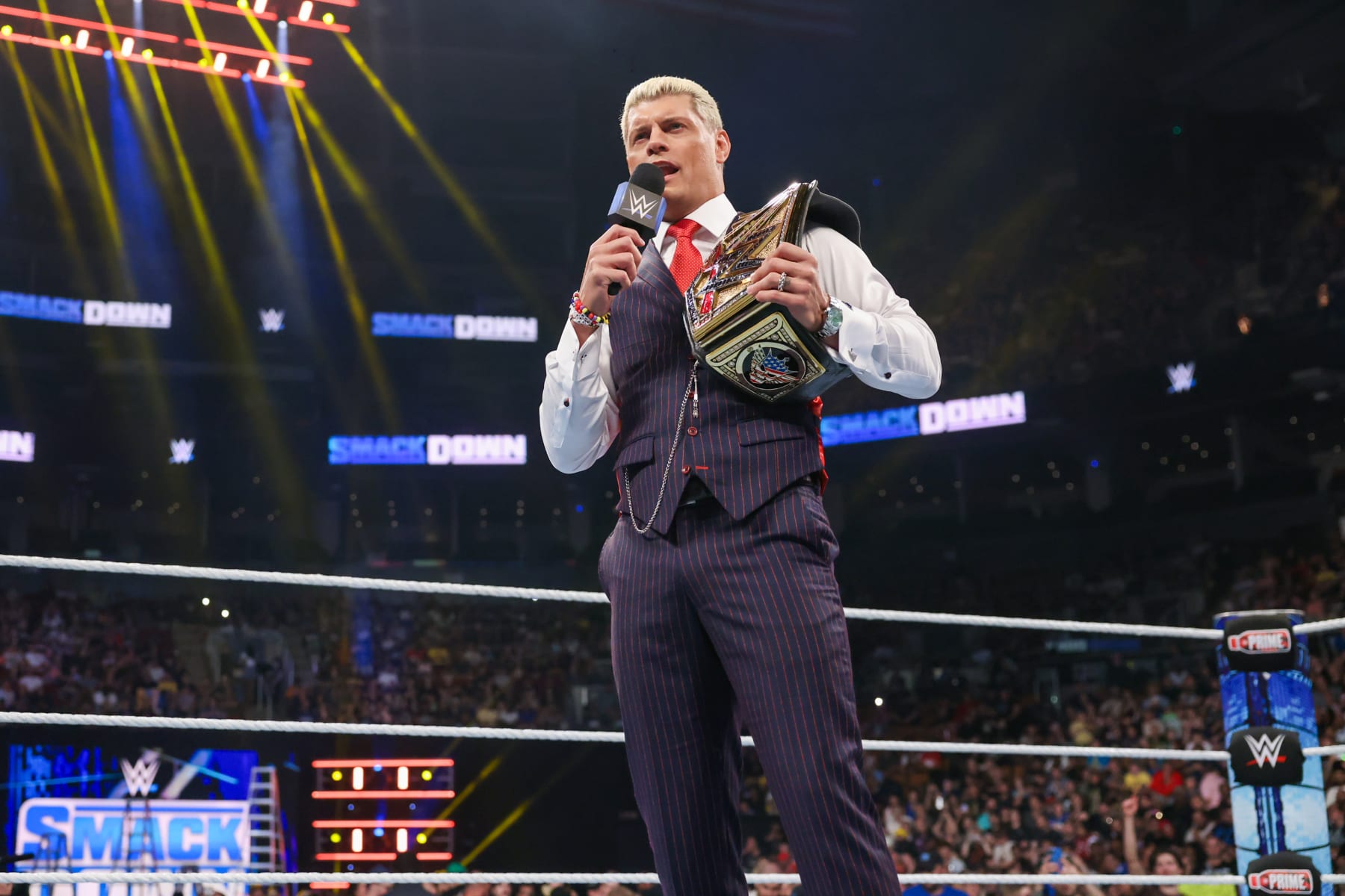 TORONTO, CANADA - JULY 5: The Undisputed WWE Champion, Cody Rhodes talks to the WWE Universe during SmackDown at Scotiabank Arena on July 5, 2024 in Toronto, Canada.  (Photo by WWE/Getty Images)