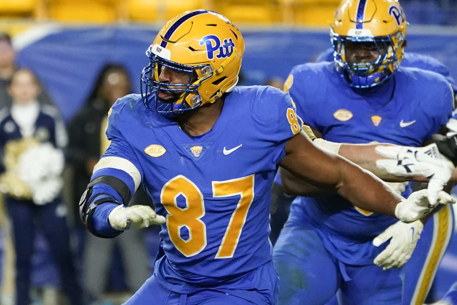 Pittsburgh defensive lineman Habakkuk Baldonado (87) plays against Georgia Tech during the second half of an NCAA college football game, Saturday, Oct. 1, 2022, in Pittsburgh. Georgia Tech won 26-21. (AP Photo/Keith Srakocic)