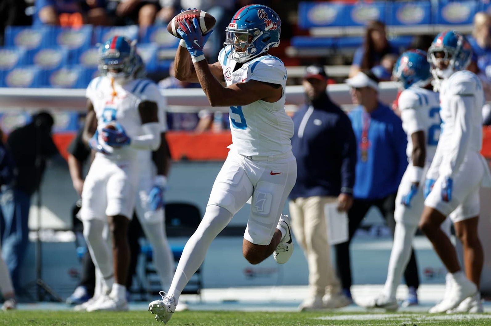 GAINESVILLE, FL - NOVEMBER 23: Mississippi Rebels wide receiver Tre Harris (9) before the game between the Florida Gators and the Mississippi Rebels on November 23, 2024 at Ben Hill Griffin Stadium at Florida Field in Gainesville, Fl. (Photo by David Rosenblum/Icon Sportswire via Getty Images)