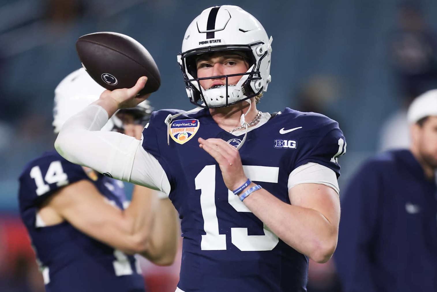MIAMI GARDENS, FLORIDA - JANUARY 9: Drew Allar #15 of the Penn State Nittany Lions warms up before the 2025 Orange Bowl against the Notre Dame Fighting Irish at Hard Rock Stadium on January 9, 2025 in Miami Gardens, Florida. (Photo by CFP/Getty Images)