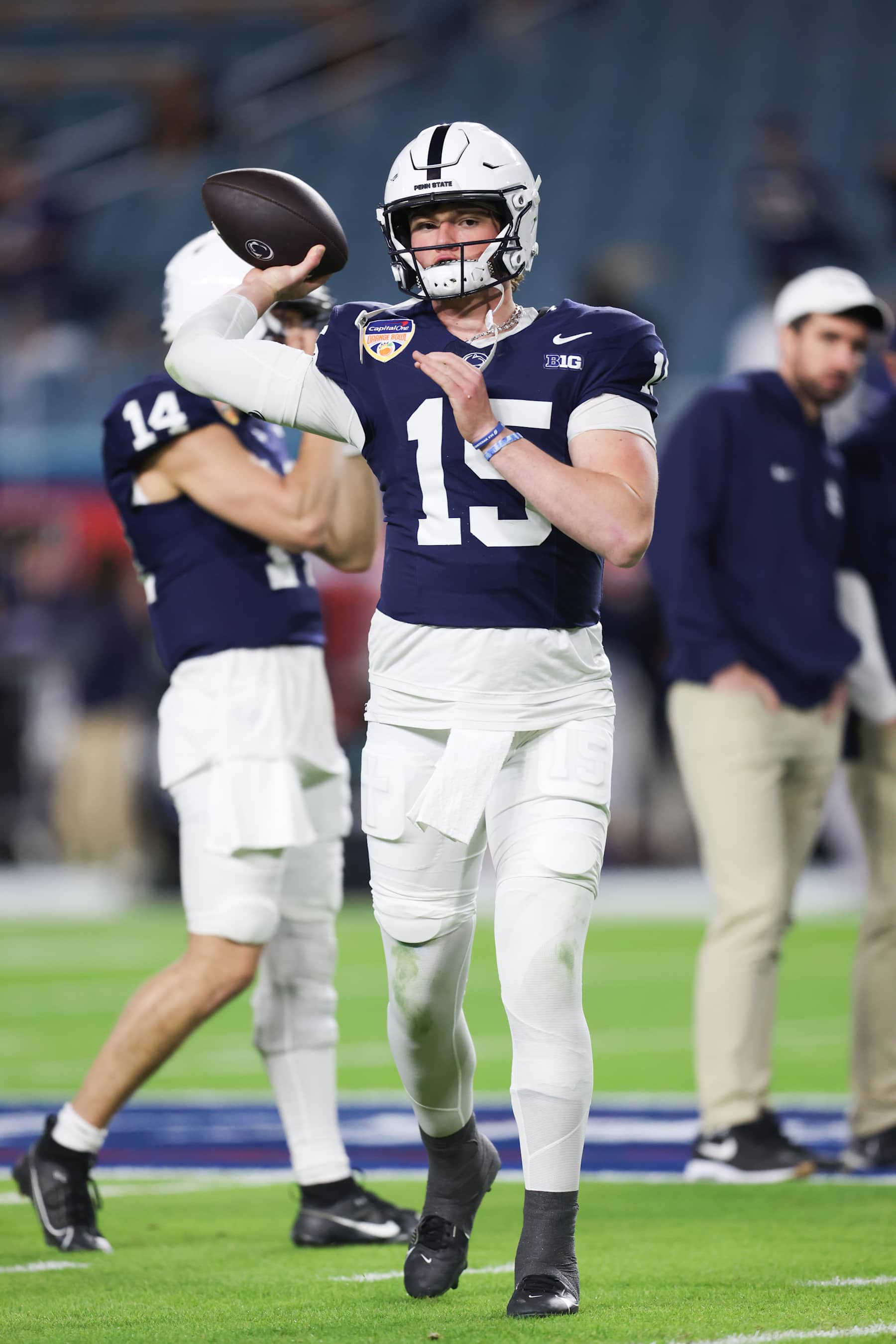 MIAMI GARDENS, FLORIDA - JANUARY 9: Drew Allar #15 of the Penn State Nittany Lions warms up before the 2025 Orange Bowl against the Notre Dame Fighting Irish at Hard Rock Stadium on January 9, 2025 in Miami Gardens, Florida. (Photo by CFP/Getty Images)