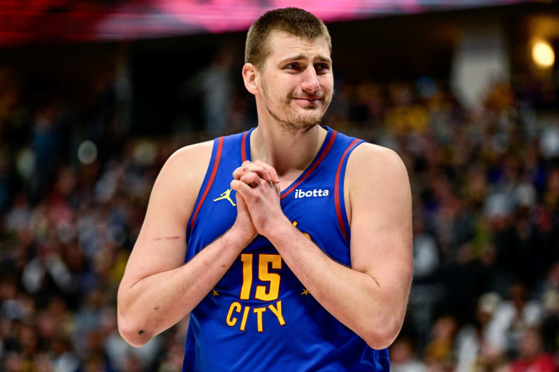 DENVER, COLORADO - MARCH 9: Nikola Jokic #15 of the Denver Nuggets reacts to a referee decision in the second half of a game against the Utah Jazz at Ball Arena on March 9, 2024 in Denver, Colorado. (Photo by Dustin Bradford/Getty Images)