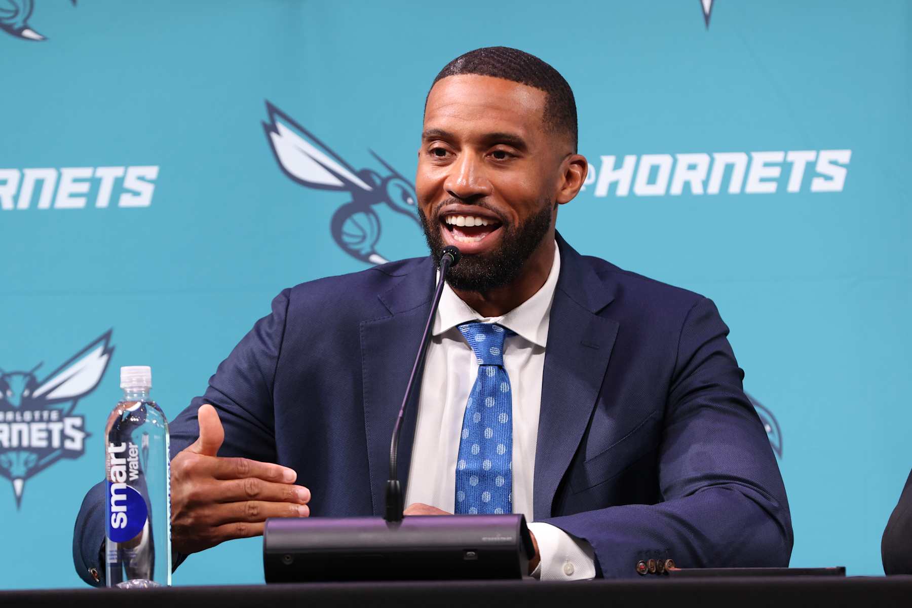 CHARLOTTE, NC - JUNE 25: Charles Lee speaks at a press conference introducing himself as the new Head Coach of the Charlotte Hornets at the Lowe's Tech Hub in Charlotte, North Carolina. NOTE TO USER: User expressly acknowledges and agrees that, by downloading and or using this photograph, User is consenting to the terms and conditions of the Getty Images License Agreement. Mandatory Copyright Notice: Copyright 2024 NBAE  (Photo by Kent Smith/NBAE via Getty Images)