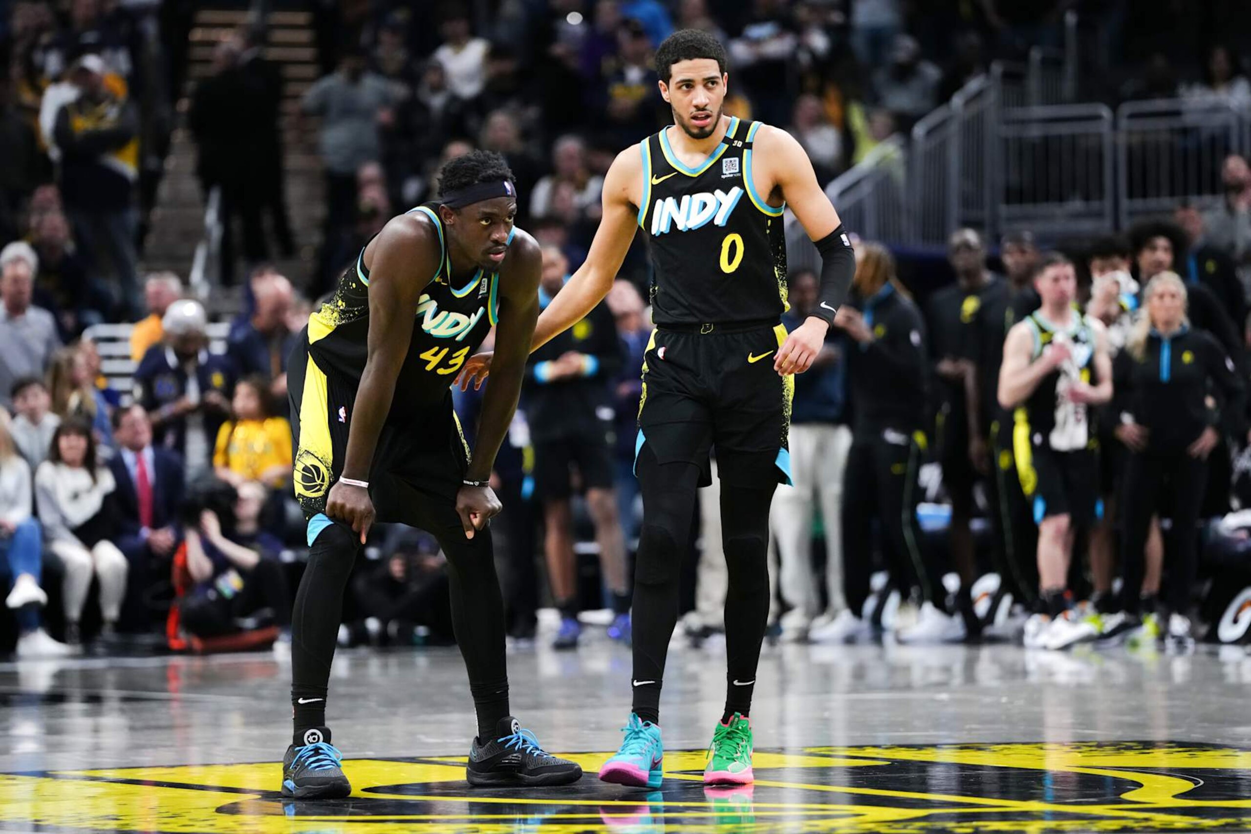 INDIANAPOLIS, INDIANA - APRIL 07: Pascal Siakam #43 and Tyrese Haliburton #0 of the Indiana Pacers meet in the fourth quarter against the Miami Heat at Gainbridge Fieldhouse on April 07, 2024 in Indianapolis, Indiana. NOTE TO USER: User expressly acknowledges and agrees that, by downloading and or using this photograph, User is consenting to the terms and conditions of the Getty Images License Agreement. (Photo by Dylan Buell/Getty Images) INDIANAPOLIS, INDIANA - APRIL 07: Pascal Siakam #43 and Tyrese Haliburton #0 of the Indiana Pacers meet in the fourth quarter against the Miami Heat at Gainbridge Fieldhouse on April 07, 2024 in Indianapolis, Indiana. NOTE TO USER: User expressly acknowledges and agrees that, by downloading and or using this photograph, User is consenting to the terms and conditions of the Getty Images License Agreement. (Photo by Dylan Buell/Getty Images)