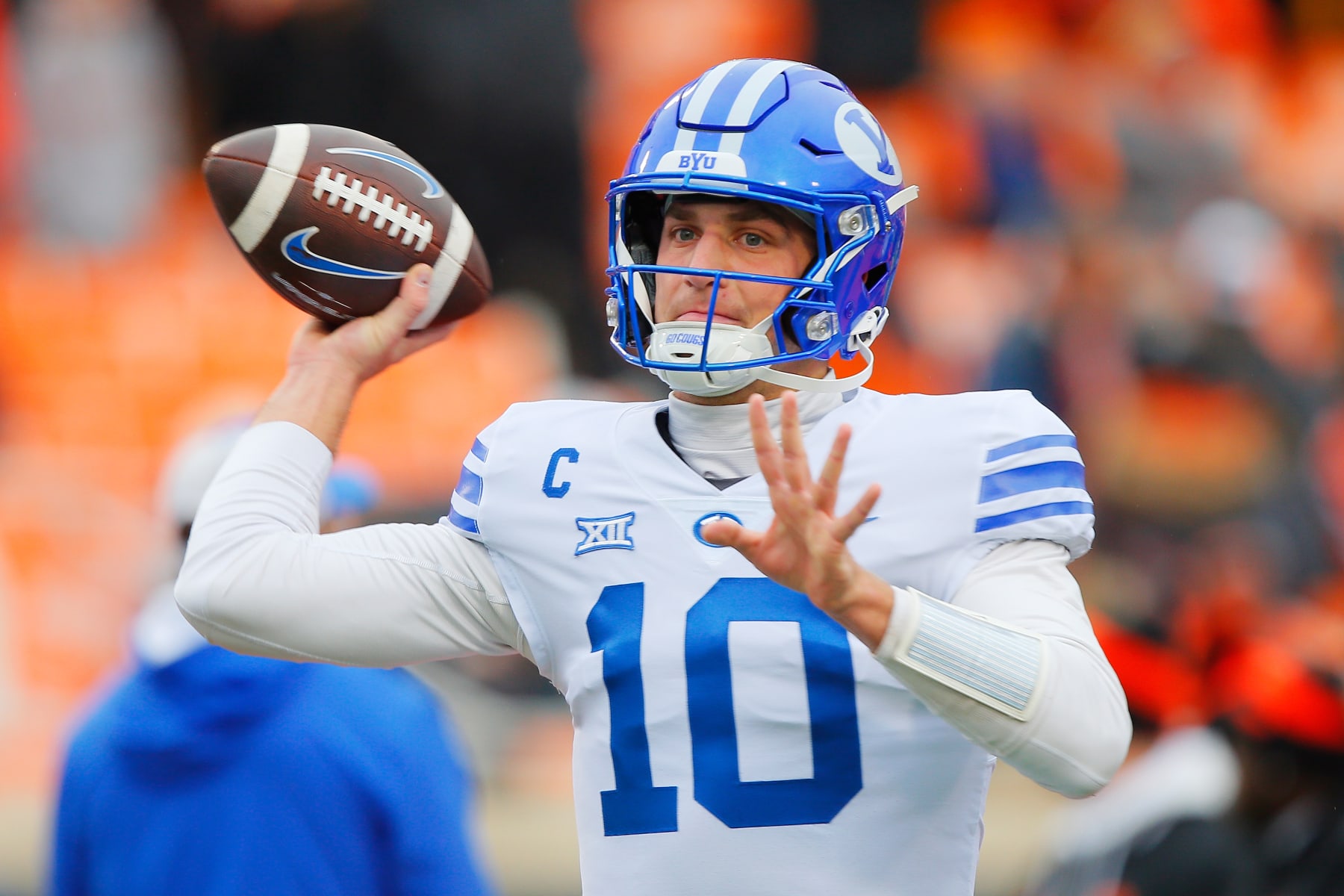 STILLWATER, OK - NOVEMBER 25: Quarterback Kedon Slovis #10 of the BYU Cougars throws before a game against the Oklahoma State Cowboys at Boone Pickens Stadium on November 25, 2023 in Stillwater, Oklahoma. Oklahoma State won 40-34 in double overtime. (Photo by Brian Bahr/Getty Images)