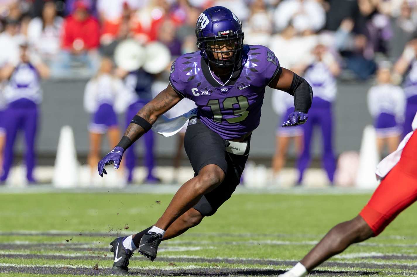 FORT WORTH, TX - NOVEMBER 05: TCU Horned Frogs linebacker Dee Winters (#13) runs up field during the college football game between the Texas Tech Red Raiders and TCU Horned Frogs on November 05, 2022 at Amon G. Carter Stadium in Fort Worth, TX.  (Photo by Matthew Visinsky/Icon Sportswire via Getty Images)