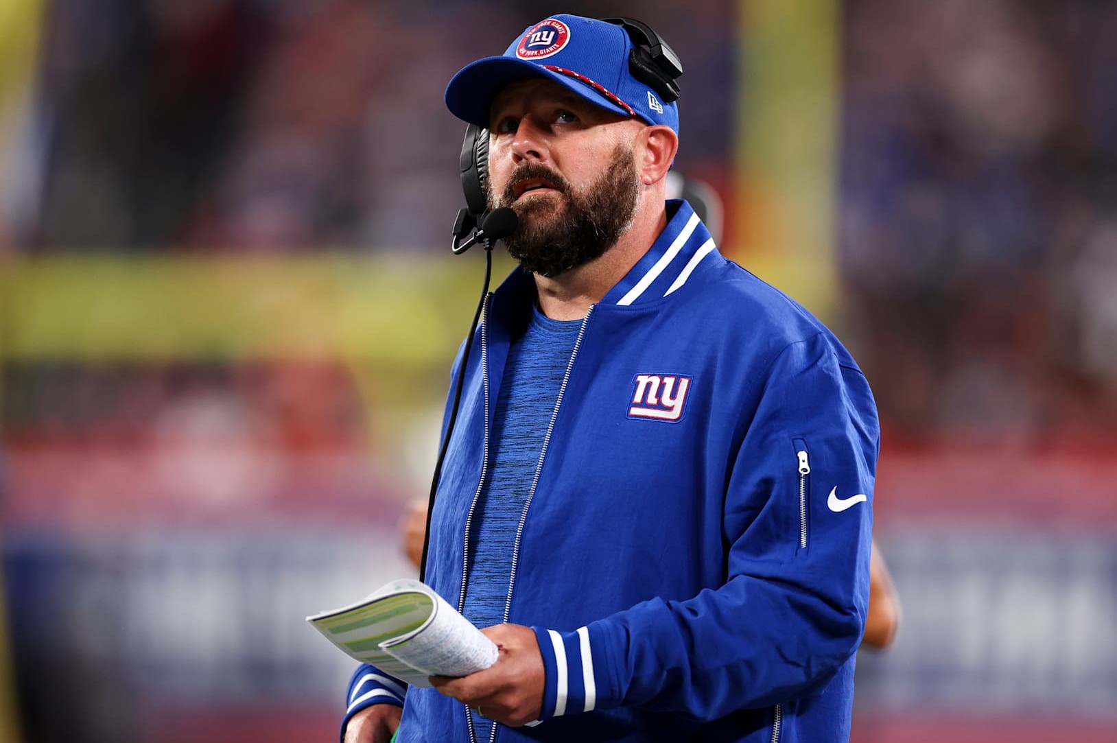 EAST RUTHERFORD, NEW JERSEY - OCTOBER 13: Head coach Brian Daboll of the New York Giants reacts after a play during the first half of an NFL game against the Cincinnati Bengals at MetLife Stadium on October 13, 2024 in East Rutherford, New Jersey. (Photo by Kevin Sabitus/Getty Images)