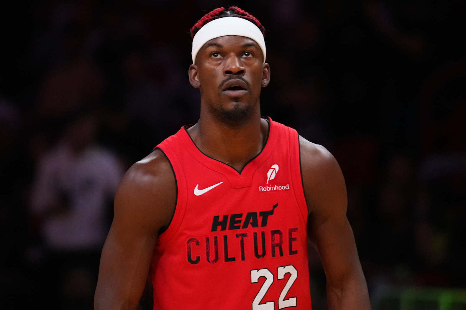 MIAMI, FLORIDA - NOVEMBER 24: Jimmy Butler #22 of the Miami Heat looks on against the Dallas Mavericks during the first quarter at Kaseya Center on November 24, 2024 in Miami, Florida. NOTE TO USER: User expressly acknowledges and agrees that, by downloading and or using this photograph, User is consenting to the terms and conditions of the Getty Images License Agreement. (Photo by Rich Storry/Getty Images)