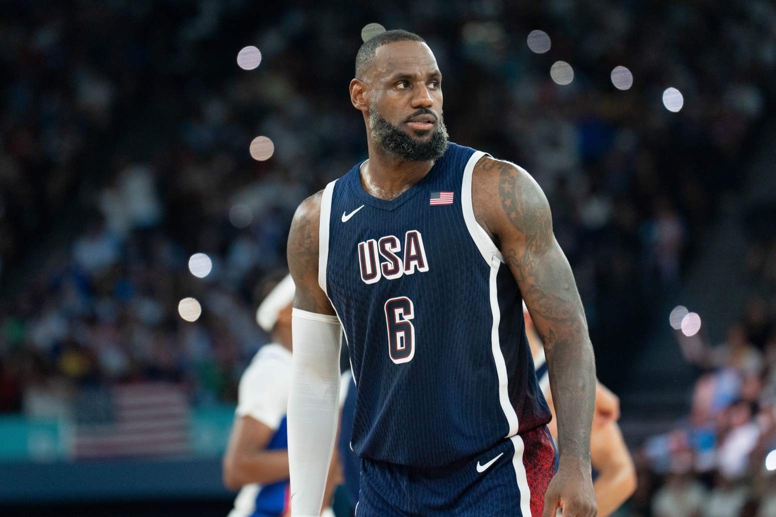 PARIS, FRANCE - AUGUST 10: Lebron James (6) of Team France in action against Kevin Durant of US during Men's Gold Medal game between Team France and Team United States on day fifteen of the Olympic Games Paris 2024 at Bercy Arena on August 10, 2024 in Paris, France. (Photo by Aytac Unal/Anadolu via Getty Images)