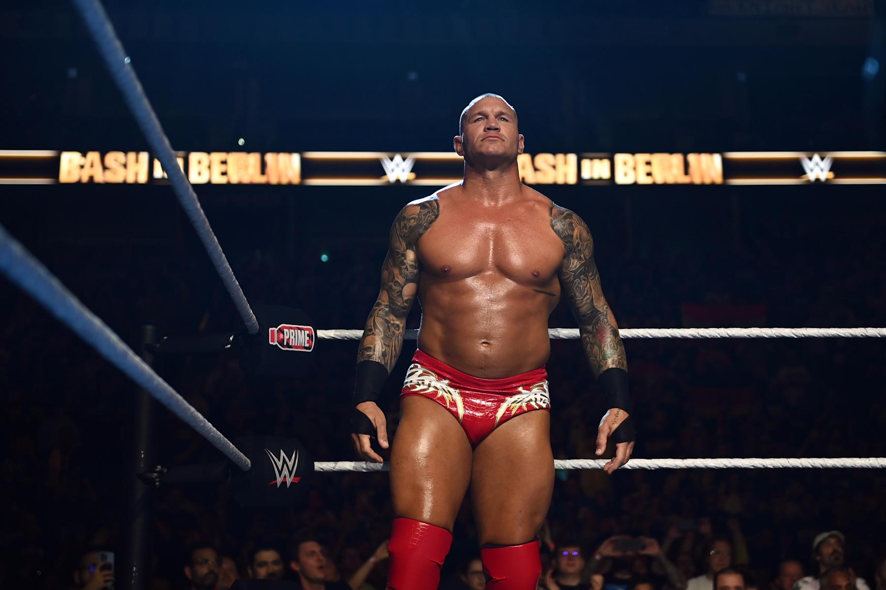 BERLIN, GERMANY - AUGUST 31: Randy Orton makes his entrance to the ring during the WWE Bash in Berlin Premium Live Event at Uber Arena on August 31, 2024 in Berlin, Germany.  (Photo by WWE/Getty Images)