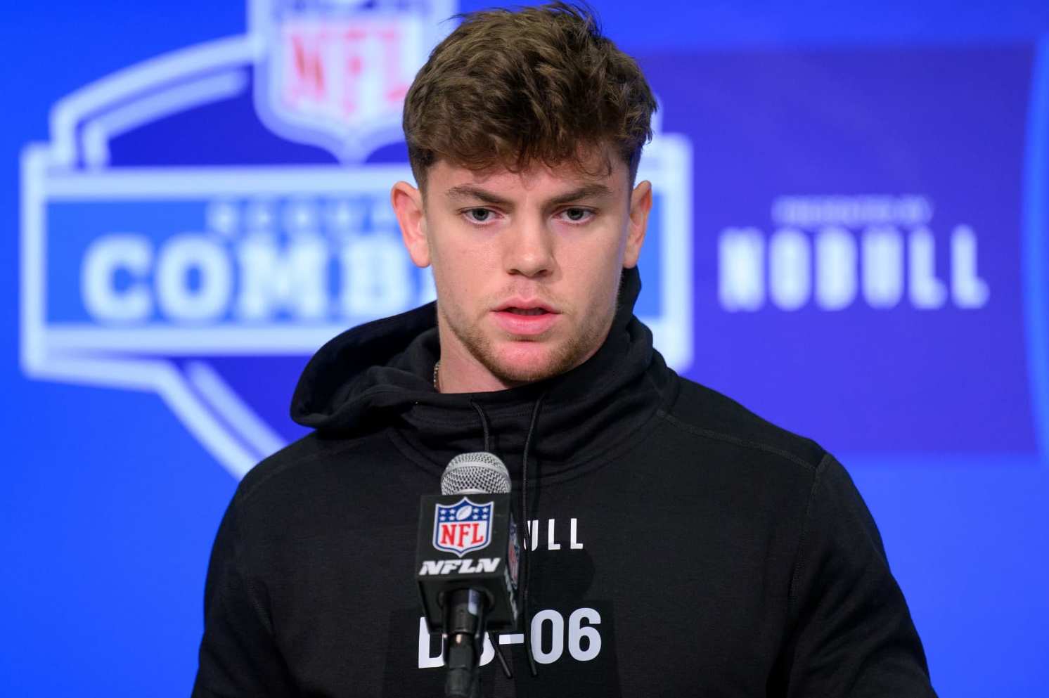 INDIANAPOLIS, IN - FEBRUARY 29: Iowa defensive back Cooper DeJean answers questions from the media during the NFL Scouting Combine on February 29, 2024, at the Indiana Convention Center in Indianapolis, IN. (Photo by Zach Bolinger/Icon Sportswire via Getty Images)