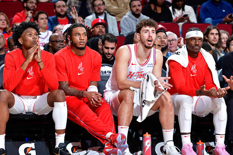 HOUSTON, TX - DECEMBER 29: Alperen Sengun #28 of the Houston Rockets looks on during the game against the Philadelphia 76ers on December 29, 2023 at the Toyota Center in Houston, Texas. NOTE TO USER: User expressly acknowledges and agrees that, by downloading and or using this photograph, User is consenting to the terms and conditions of the Getty Images License Agreement. Mandatory Copyright Notice: Copyright 2023 NBAE (Photo by Logan Riely/NBAE via Getty Images)