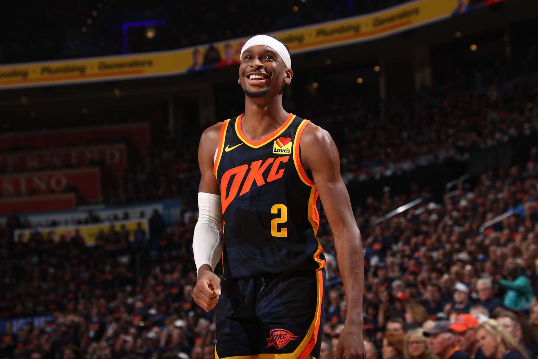 OKLAHOMA CITY, OK - MAY 15: Shai Gilgeous-Alexander #2 of the Oklahoma City Thunder smiles during the game against the Dallas Mavericks during Round 2 Game 5 of the 2024 NBA Playoffs on May 15, 2024 at Paycom Arena in Oklahoma City, Oklahoma. NOTE TO USER: User expressly acknowledges and agrees that, by downloading and or using this photograph, User is consenting to the terms and conditions of the Getty Images License Agreement. Mandatory Copyright Notice: Copyright 2024 NBAE (Photo by Joe Murphy/NBAE via Getty Images)