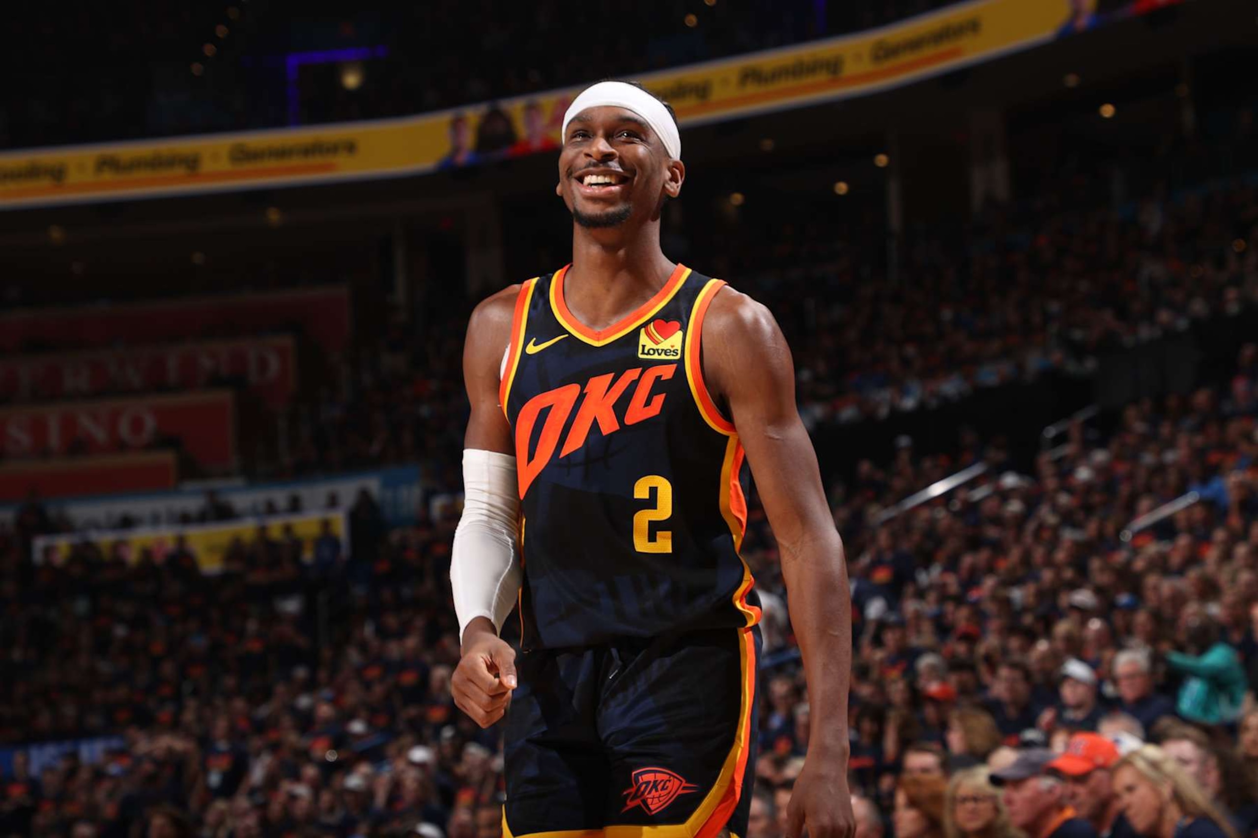 OKLAHOMA CITY, OK - MAY 15: Shai Gilgeous-Alexander #2 of the Oklahoma City Thunder smiles during the game against the Dallas Mavericks during Round 2 Game 5 of the 2024 NBA Playoffs on May 15, 2024 at Paycom Arena in Oklahoma City, Oklahoma. NOTE TO USER: User expressly acknowledges and agrees that, by downloading and or using this photograph, User is consenting to the terms and conditions of the Getty Images License Agreement. Mandatory Copyright Notice: Copyright 2024 NBAE (Photo by Joe Murphy/NBAE via Getty Images)