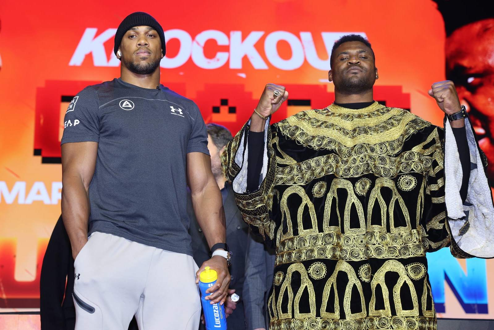 LONDON, ENGLAND - JANUARY 15: Anthony Joshua and Francis Ngannou go head-to-head during the press conference at Outernet London on January 15, 2024 in London, England, to announce their upcoming fight in the Kingdom of Saudi Arabia on 8th March 2023 (Photo by Mark Robinson/Matchroom Boxing via Getty Images).