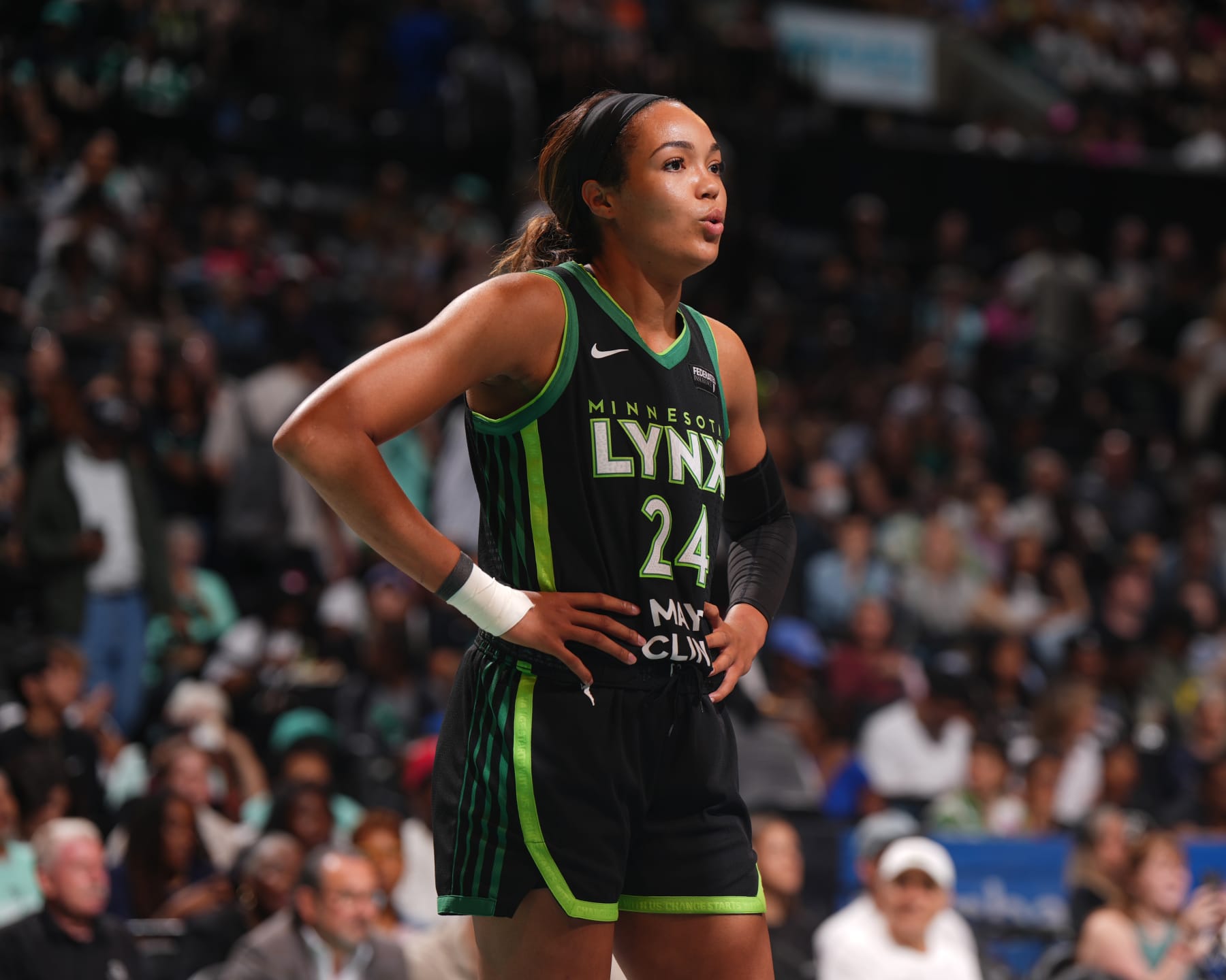 BROOKLYN, NY - JULY 2: Okako Adika #24 of the New York Liberty looks on during the game against the New York Liberty on July 2, 2024 in Brooklyn, New York. NOTE TO USER: User expressly acknowledges and agrees that, by downloading and or using this photograph, user is consenting to the terms and conditions of the Getty Images License Agreement. Mandatory Copyright Notice: Copyright 2024 NBAE (Photo by Catalina Fragoso/NBAE via Getty Images)