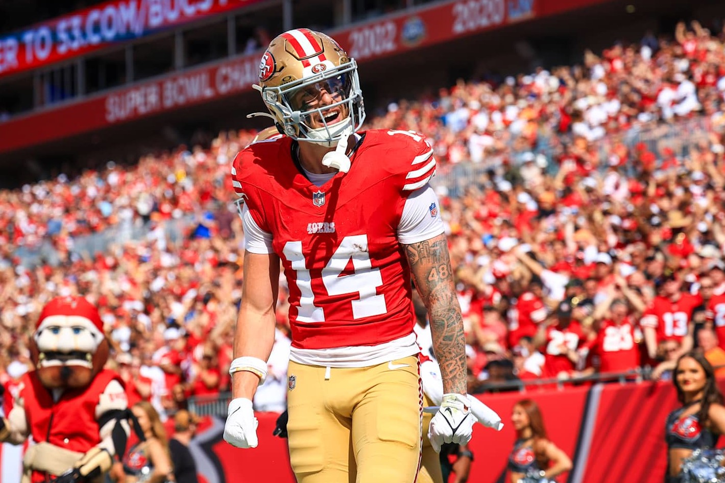 TAMPA, FLORIDA - NOVEMBER 10: Ricky Pearsall #14 of the San Francisco 49ers reacts after scoring a touchdown during the first quarter against the Tampa Bay Buccaneers at Raymond James Stadium on November 10, 2024 in Tampa, Florida. (Photo by Mike Ehrmann/Getty Images)