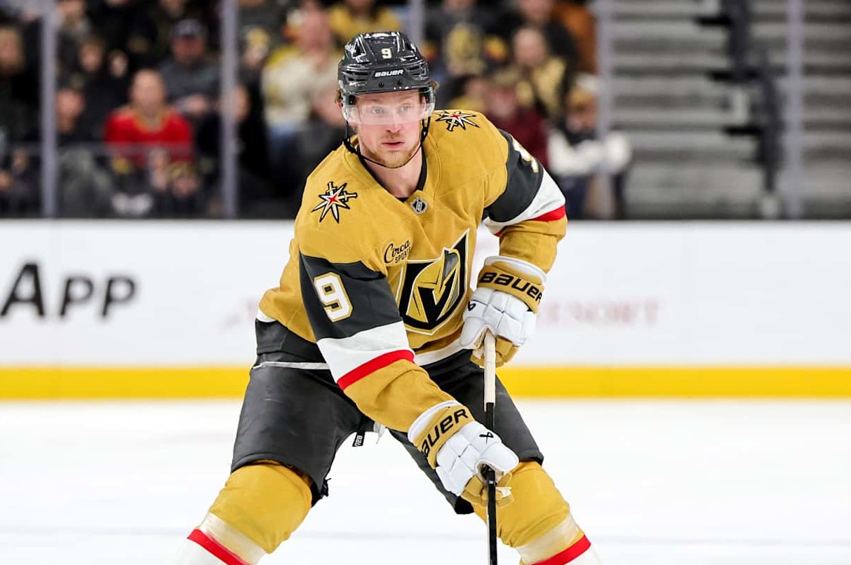 LAS VEGAS, NEVADA - DECEMBER 31: Jack Eichel #9 of the Vegas Golden Knights skates with the puck against the Montreal Canadiens in the second period of their game at T-Mobile Arena on December 31, 2024 in Las Vegas, Nevada. The Canadiens defeated the Golden Knights 3-2. (Photo by Ethan Miller/Getty Images)