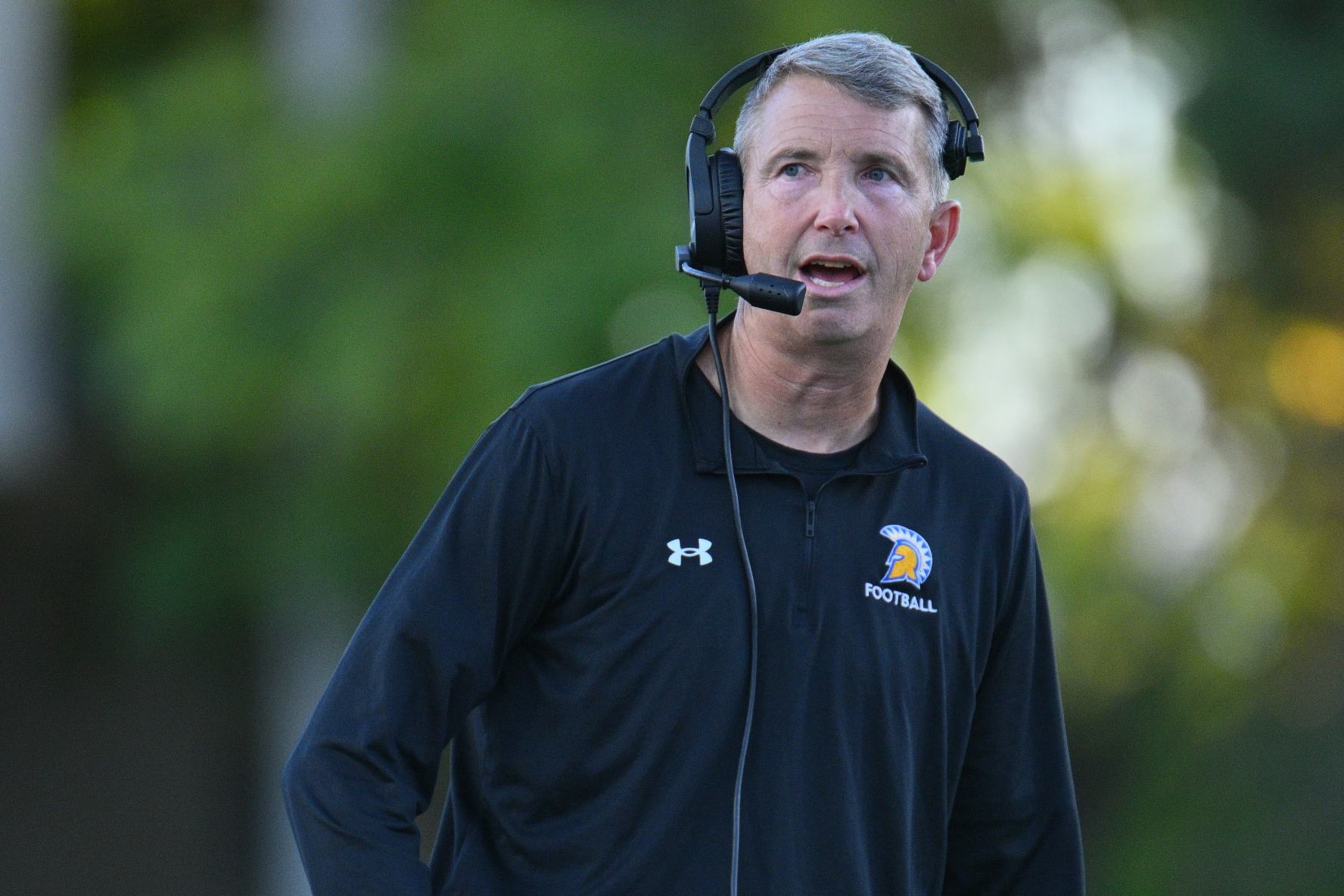 ALBUQUERQUE, NEW MEXICO - OCTOBER 14: Head coach Brent Brennan of the San Jose State Spartans looks on during the second half of his team's game against the New Mexico Lobos at University Stadium on October 14, 2023 in Albuquerque, New Mexico. The Spartans defeated the Lobos 52-24. (Photo by Sam Wasson/Getty Images)