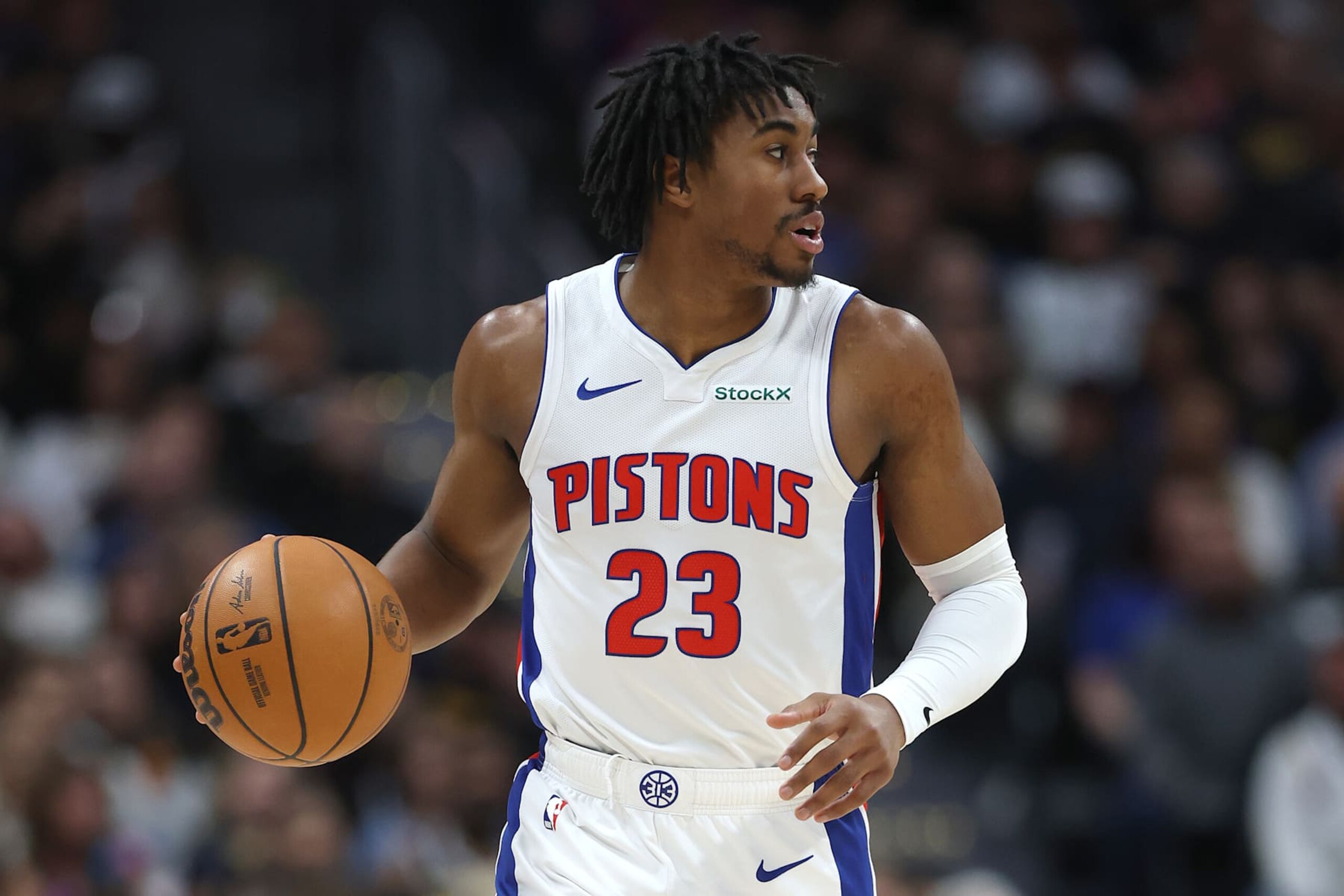 DENVER, COLORADO - DECEMBER 28: Jaden Ivey #23 of the Detroit Piston brings the ball down the court against the Denver Nuggets in the first quarter at Ball Arena on December 28, 2024 in Denver, Colorado. NOTE TO USER: User expressly acknowledges and agrees that, by downloading and or using this photograph, User is consenting to the terms and conditions of the Getty Images License Agreement. (Photo by Matthew Stockman/Getty Images) DENVER, COLORADO - DECEMBER 28: Jaden Ivey #23 of the Detroit Piston brings the ball down the court against the Denver Nuggets in the first quarter at Ball Arena on December 28, 2024 in Denver, Colorado. NOTE TO USER: User expressly acknowledges and agrees that, by downloading and or using this photograph, User is consenting to the terms and conditions of the Getty Images License Agreement. (Photo by Matthew Stockman/Getty Images)