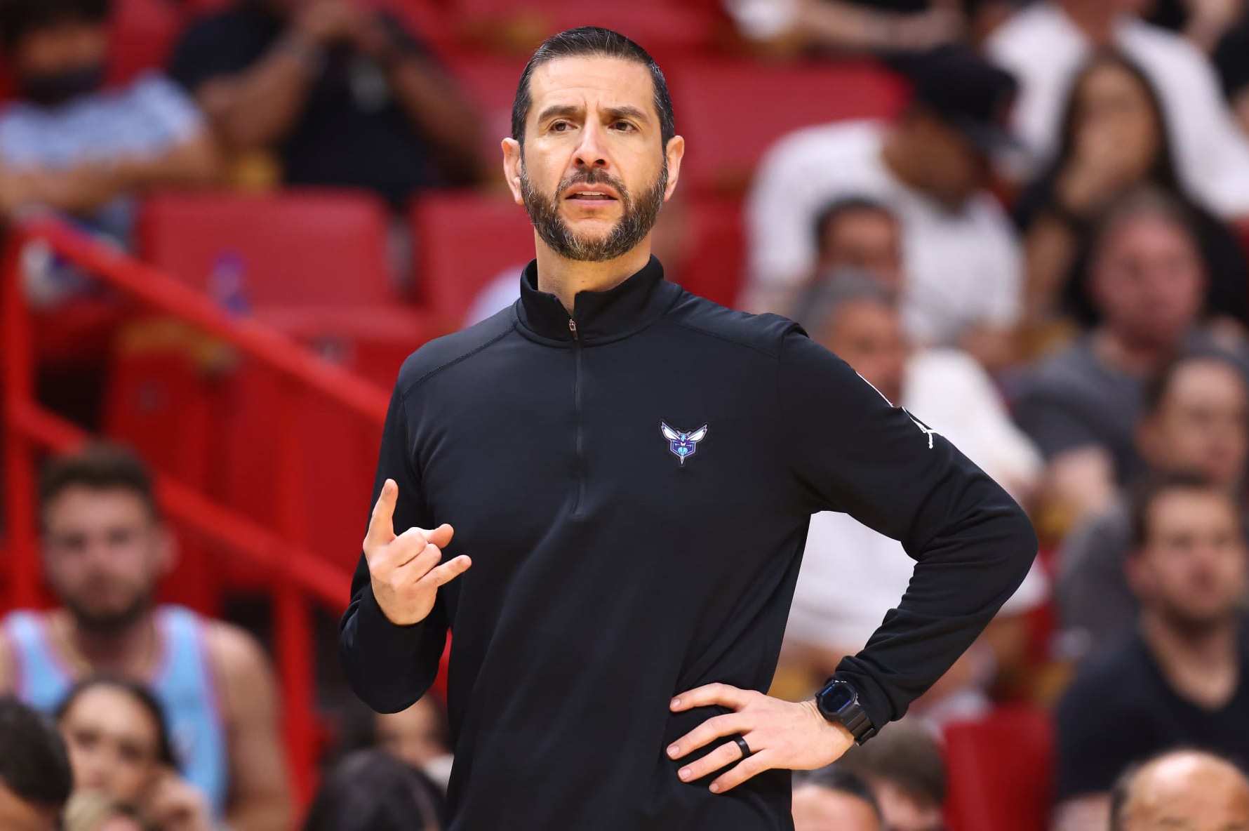 MIAMI, FLORIDA - APRIL 05: Head coach James Borrego of the Charlotte Hornets reacts against the Miami Heat during the second half at FTX Arena on April 05, 2022 in Miami, Florida. NOTE TO USER: User expressly acknowledges and agrees that, by downloading and or using this photograph, User is consenting to the terms and conditions of the Getty Images License Agreement.  (Photo by Michael Reaves/Getty Images)