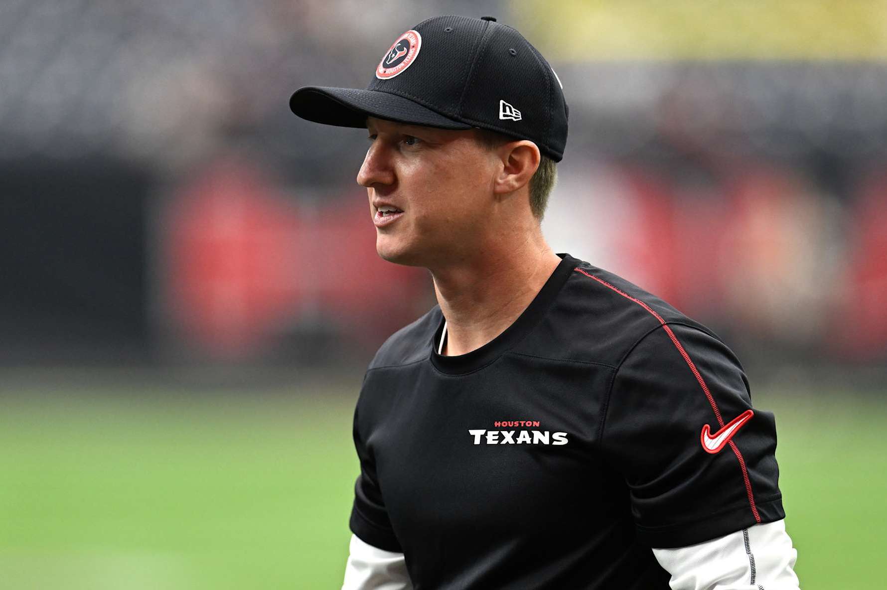 HOUSTON, TEXAS - OCTOBER 27: Houston Texans offensive coordinator Bobby Slowik walks the field prior to the game against the Indianapolis Colts at NRG Stadium on October 27, 2024 in Houston, Texas. (Photo by Jack Gorman/Getty Images)