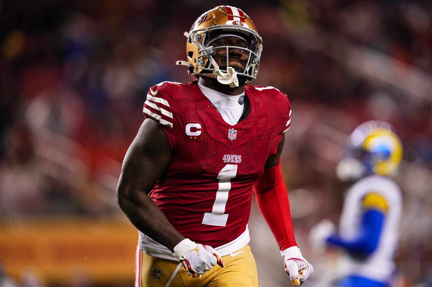 SANTA CLARA, CA - DECEMBER 12: Deebo Samuel Sr. #1 of the San Francisco 49ers reacts during an NFL football game against the Los Angeles Rams at Levi's Stadium on December 12, 2024 in Santa Clara, California. (Photo by Cooper Neill/Getty Images)